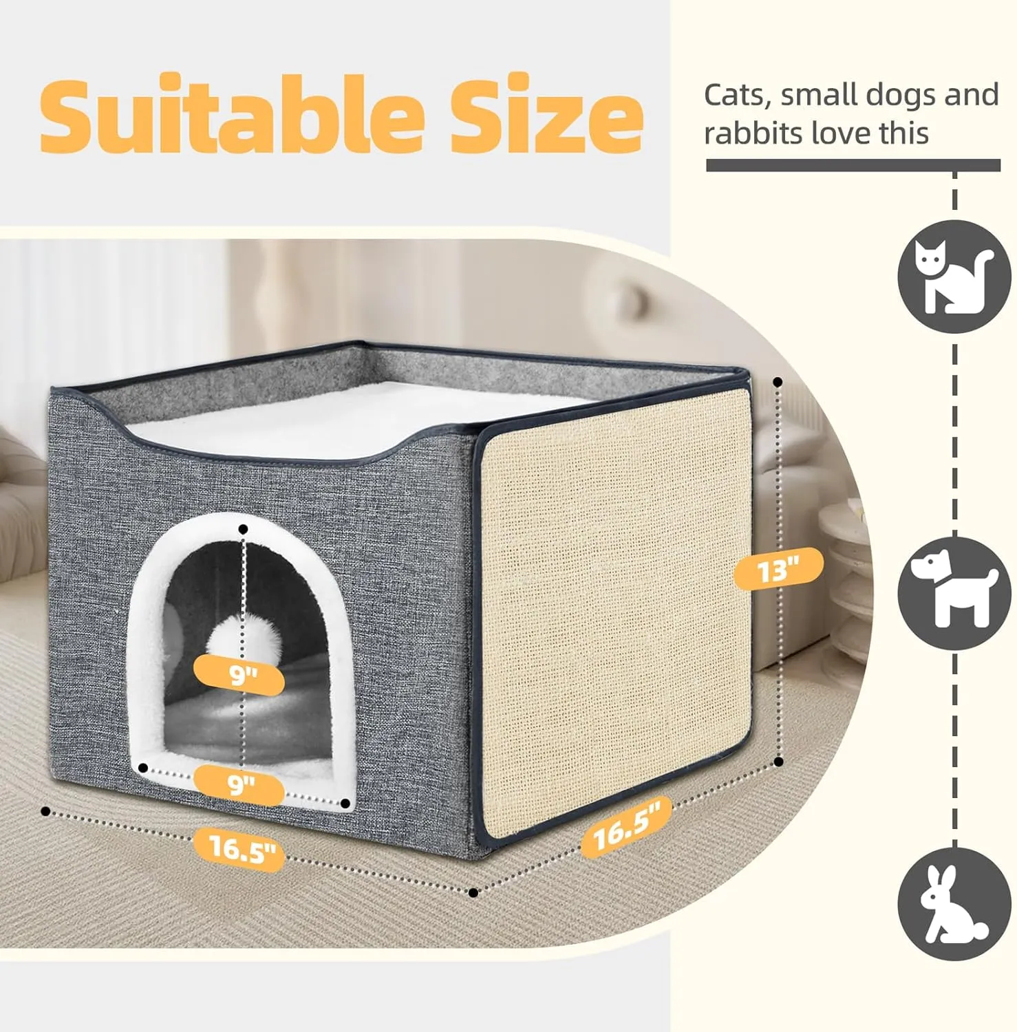 Purr&Knead Cat Bed for Indoor Cats with Large Replaceable Scratch Pad, Cat Cave with Hanging Toy Ball, Foldable Cat Hideaway, Covered Cat Bed Cave (Grey)