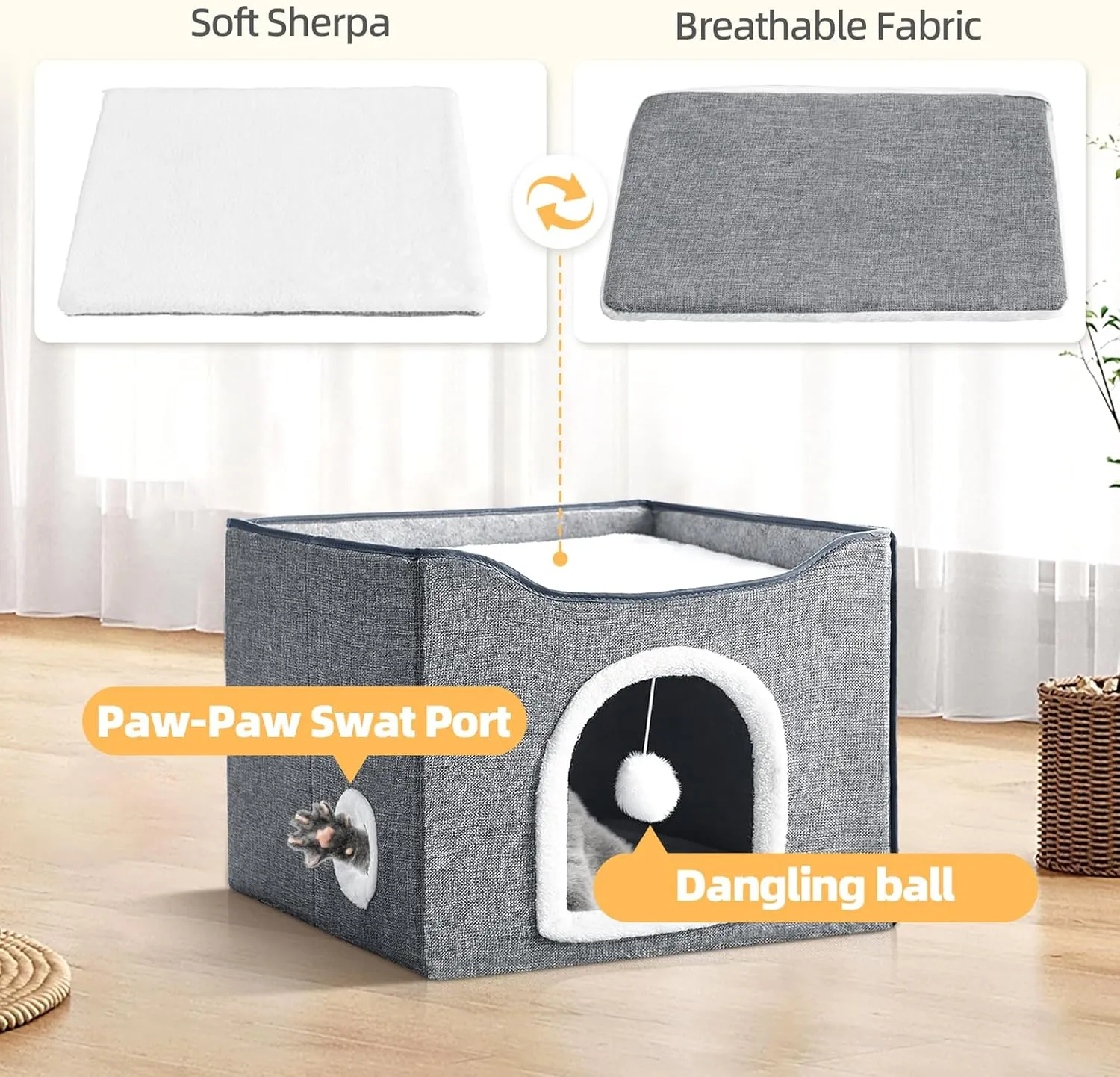 Purr&Knead Cat Bed for Indoor Cats with Large Replaceable Scratch Pad, Cat Cave with Hanging Toy Ball, Foldable Cat Hideaway, Covered Cat Bed Cave (Grey)