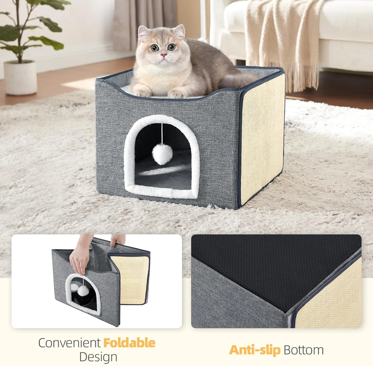 Purr&Knead Cat Bed for Indoor Cats with Large Replaceable Scratch Pad, Cat Cave with Hanging Toy Ball, Foldable Cat Hideaway, Covered Cat Bed Cave (Grey)