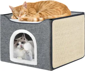 Purr&Knead Cat Bed for Indoor Cats with Large Replaceable Scratch Pad, Cat Cave with Hanging Toy Ball, Foldable Cat Hideaway, Covered Cat Bed Cave (Grey)