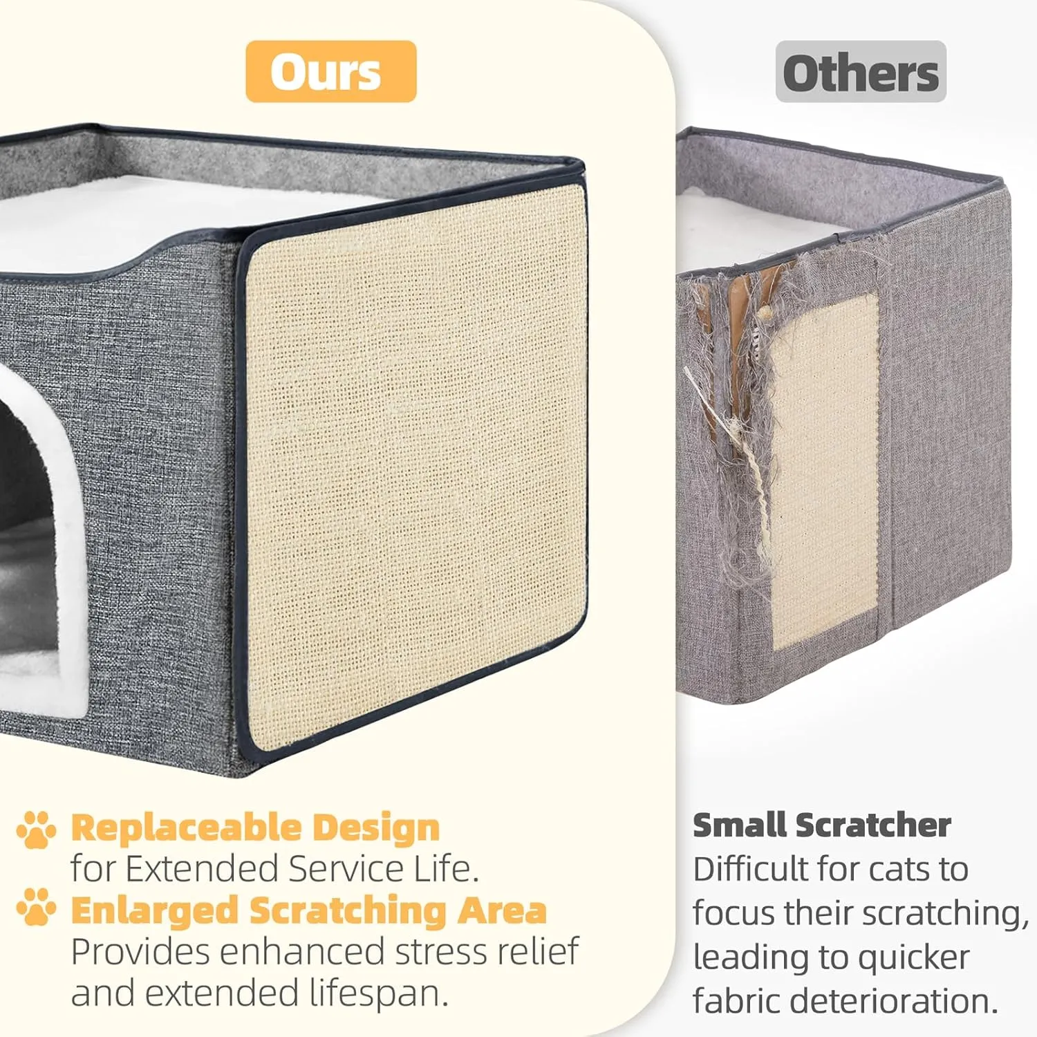 Purr&Knead Cat Bed for Indoor Cats with Large Replaceable Scratch Pad, Cat Cave with Hanging Toy Ball, Foldable Cat Hideaway, Covered Cat Bed Cave (Grey)