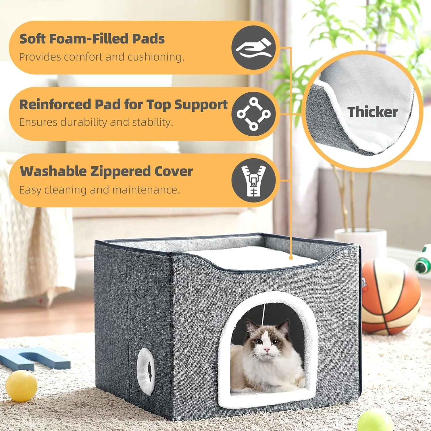Purr&Knead Cat Bed for Indoor Cats with Large Replaceable Scratch Pad, Cat Cave with Hanging Toy Ball, Foldable Cat Hideaway, Covered Cat Bed Cave (Grey)