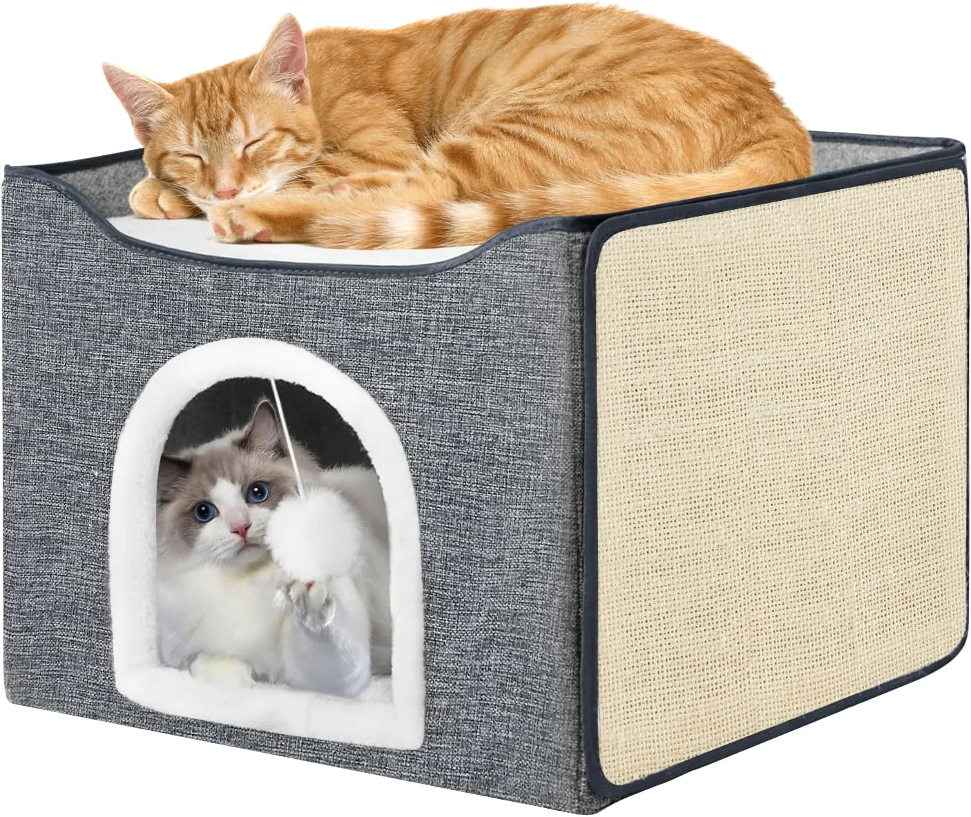 Purr&Knead Cat Bed for Indoor Cats with Large Replaceable Scratch Pad, Cat Cave with Hanging Toy Ball, Foldable Cat Hideaway, Covered Cat Bed Cave (Grey)