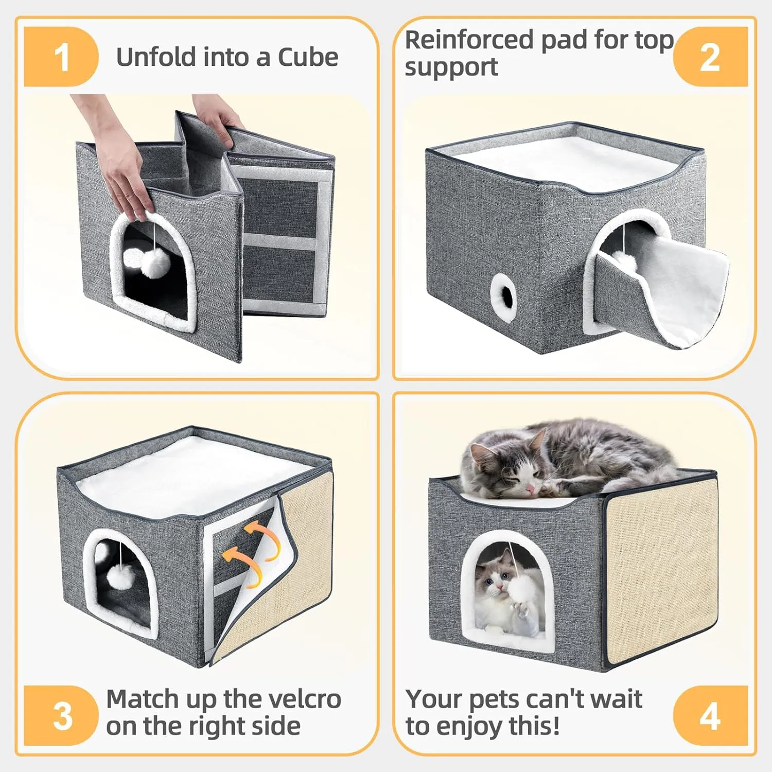 Purr&Knead Cat Bed for Indoor Cats with Large Replaceable Scratch Pad, Cat Cave with Hanging Toy Ball, Foldable Cat Hideaway, Covered Cat Bed Cave (Grey)