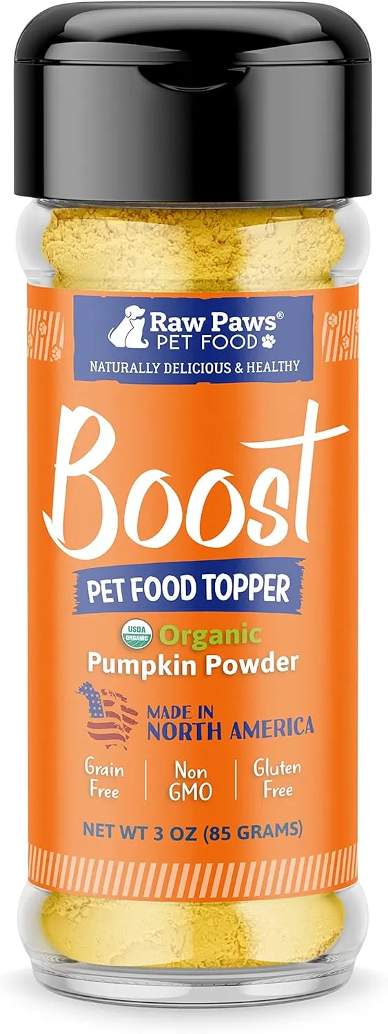 Raw Paws Boost Pet Food Topper Organic Pumpkin Powder, 3-oz - Made in USA - Grain-Free Dog Food Topper - Anti Scoot Pumpkin Powder for Dogs - Vegan Dog Food Gravy - Meal Toppers for Dogs