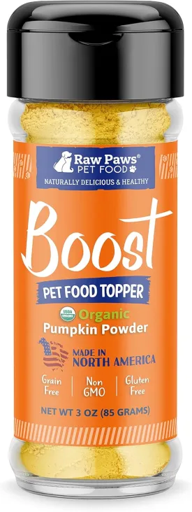Raw Paws Boost Pet Food Topper Organic Pumpkin Powder, 3-oz - Made in USA - Grain-Free Dog Food Topper - Anti Scoot Pumpkin Powder for Dogs - Vegan Dog Food Gravy - Meal Toppers for Dogs