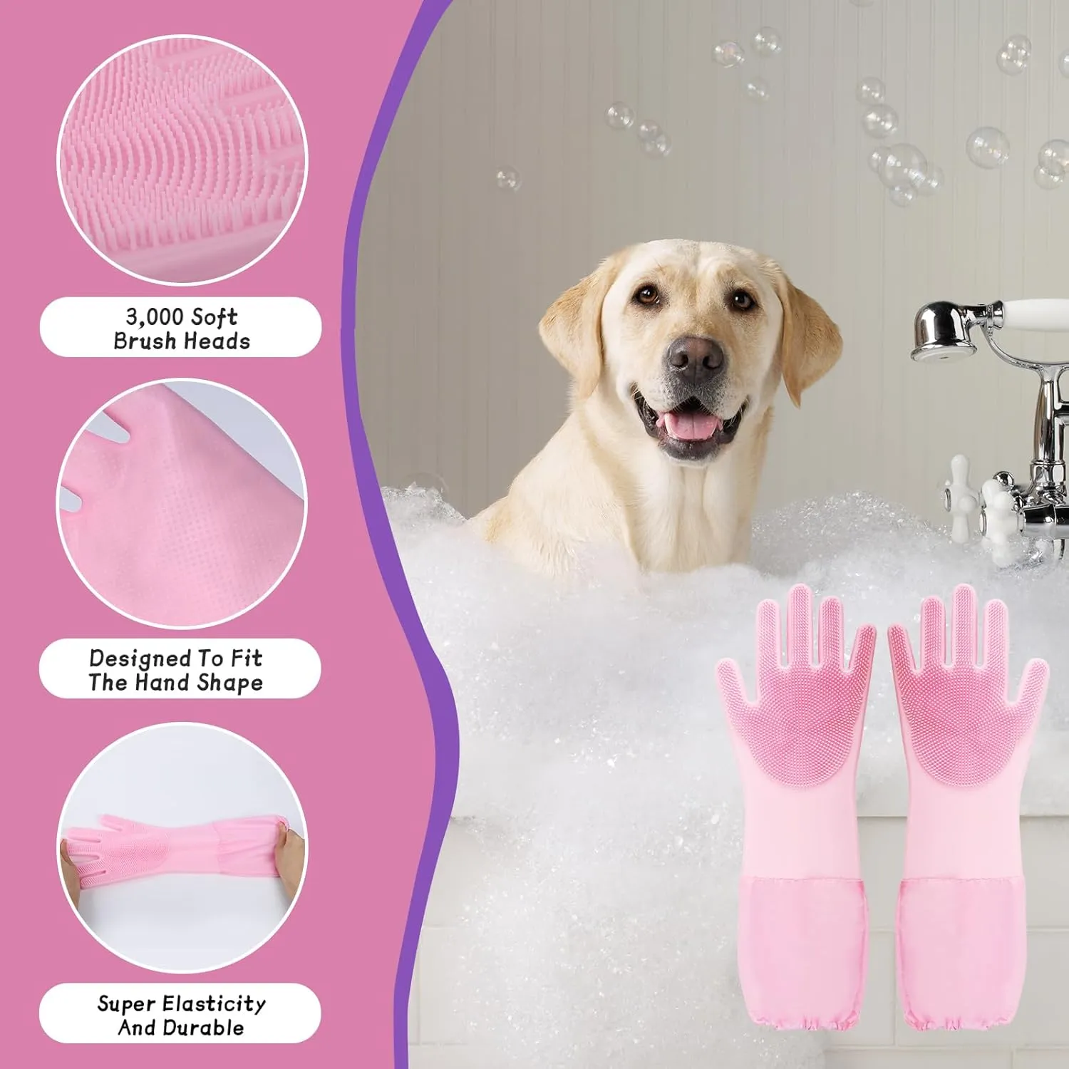 Silicone Pet Bathing Gloves with Finger Toothbrush  2-in-1 Grooming & Deshedding Gloves for Cats, Dogs, Rabbits  Extended Design for Easy Cleaning & Massage(Pink)