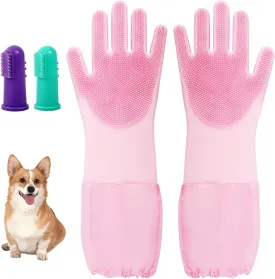 Silicone Pet Bathing Gloves with Finger Toothbrush  2-in-1 Grooming & Deshedding Gloves for Cats, Dogs, Rabbits  Extended Design for Easy Cleaning & Massage(Pink)