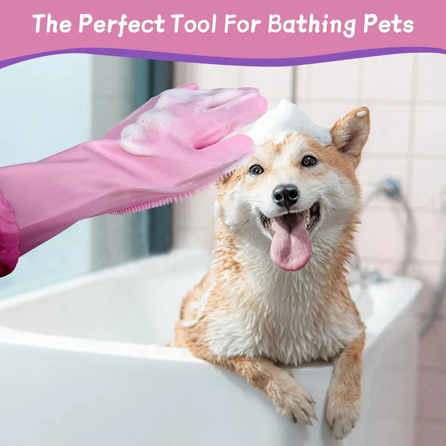 Silicone Pet Bathing Gloves with Finger Toothbrush  2-in-1 Grooming & Deshedding Gloves for Cats, Dogs, Rabbits  Extended Design for Easy Cleaning & Massage(Pink)