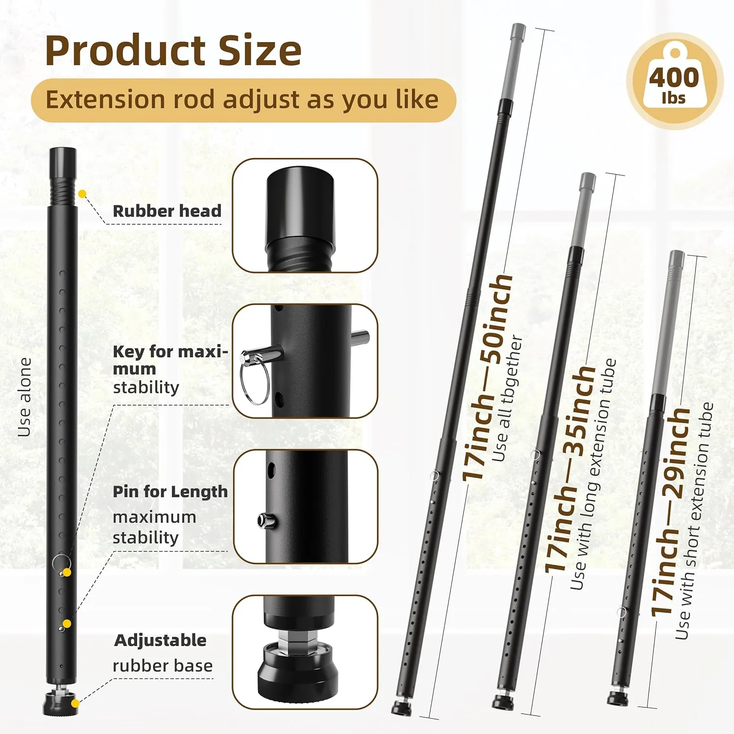 Sliding Door Security Bar,Window Security Lock Bars Adjustable,17-50 Inches Window Stopper with Rubber Base for Patio Sliding Glass Door/Window/Child Safety/Burglar Proof (Black - 1 Pack)