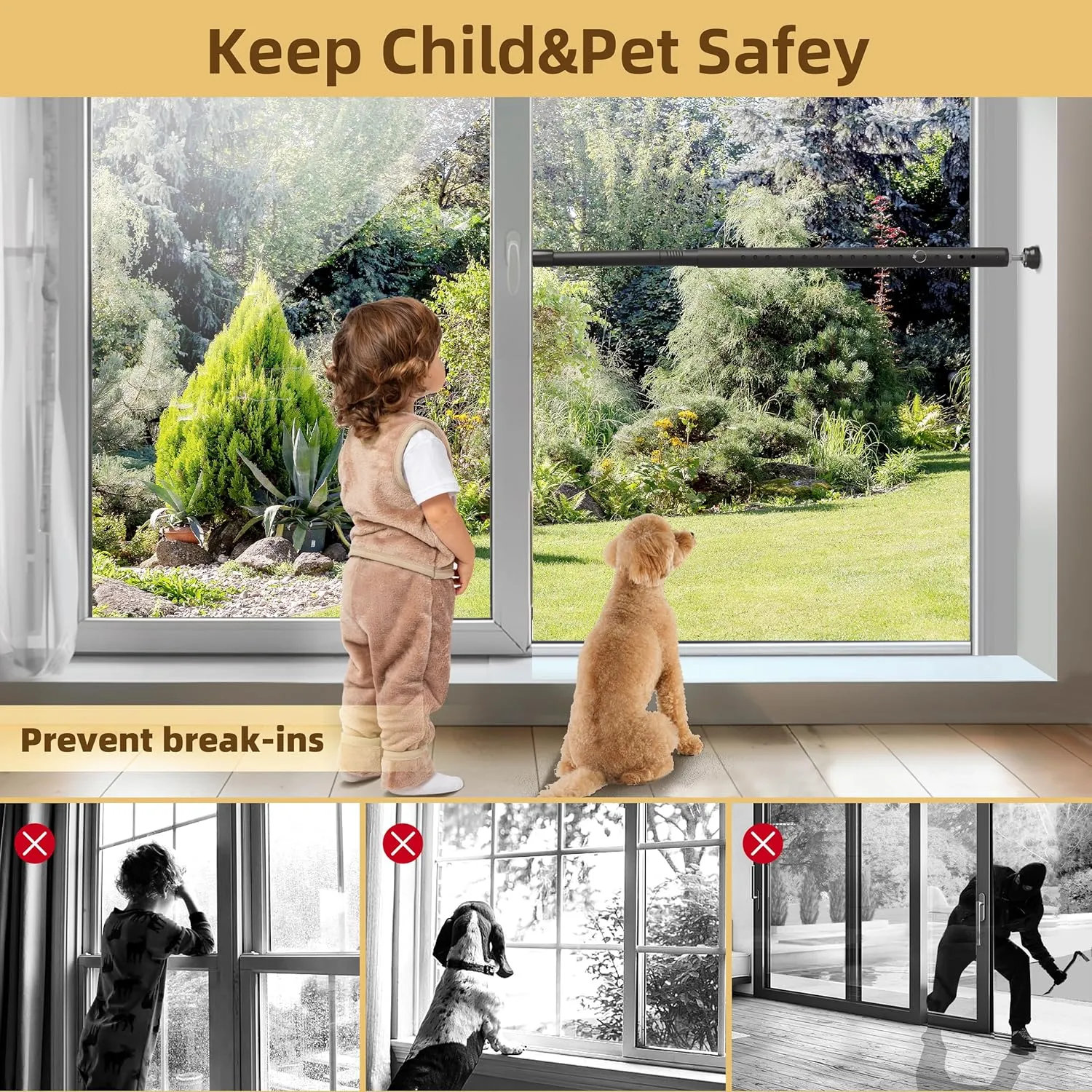 Sliding Door Security Bar,Window Security Lock Bars Adjustable,17-50 Inches Window Stopper with Rubber Base for Patio Sliding Glass Door/Window/Child Safety/Burglar Proof (Black - 1 Pack)