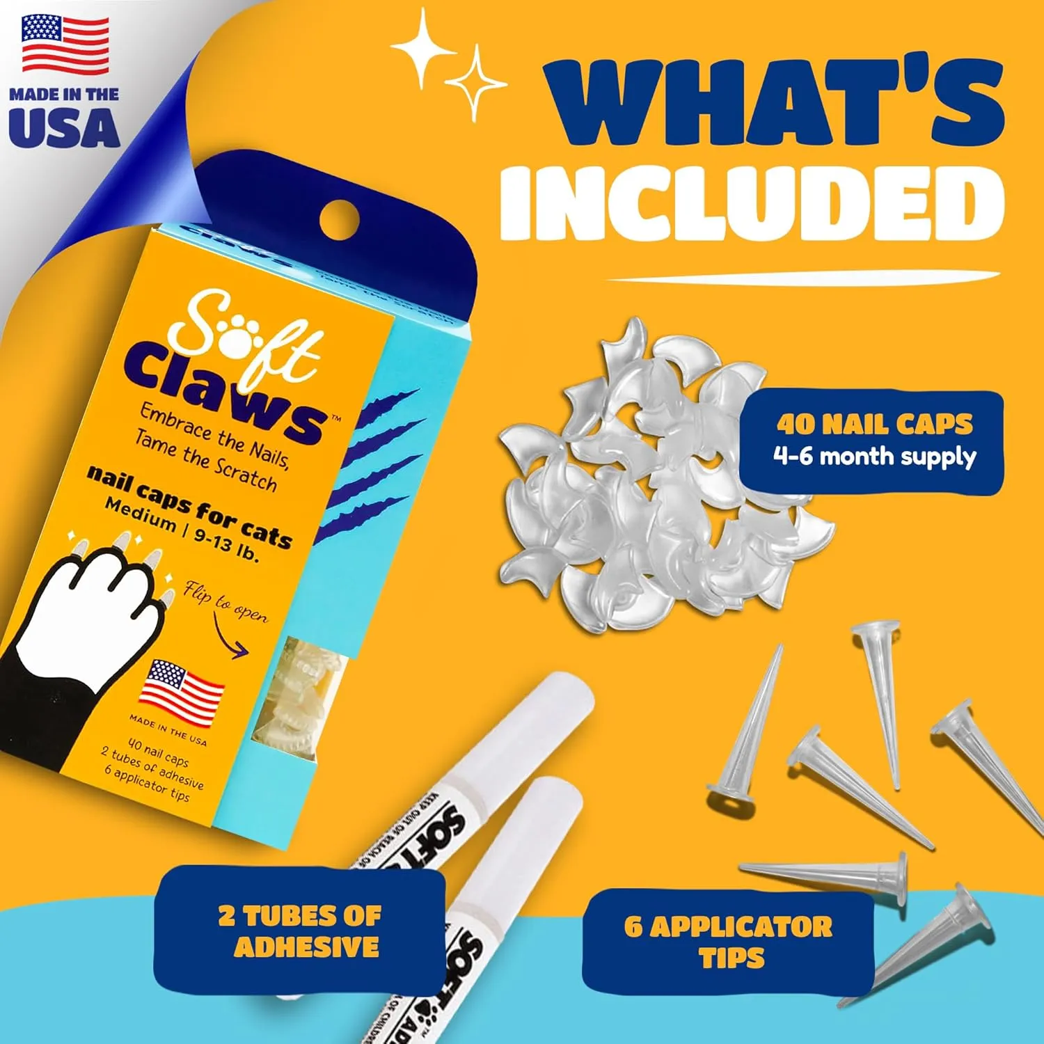 Soft Claws Cat Nail Caps for Medium Cats  (40 Caps, Clear) - Made in USA - Veterinarian-Developed | Protects Furniture & Skin - Easy to Apply, Long-Lasting Anti-Scratch Soft Cat Claw Covers