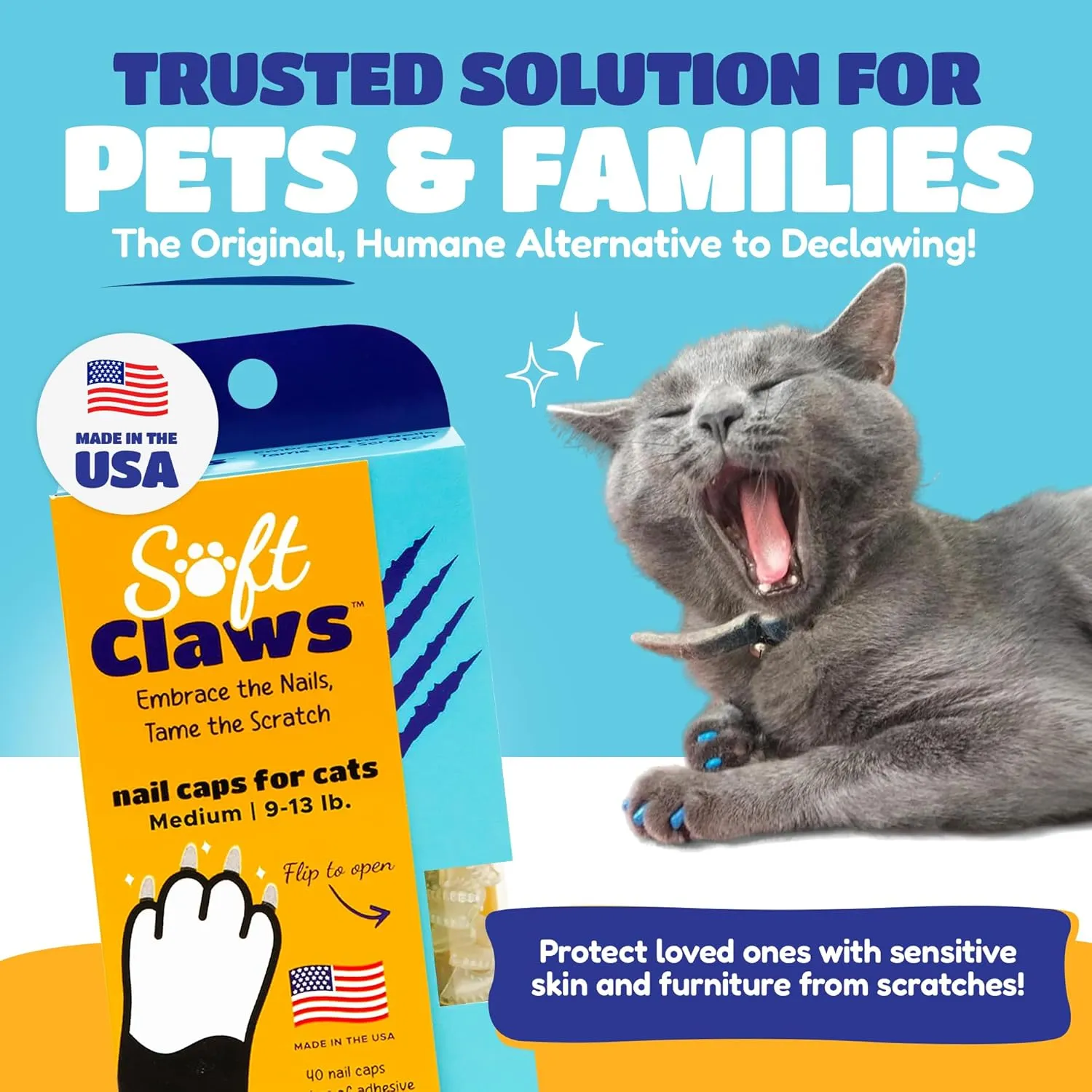 Soft Claws Cat Nail Caps for Medium Cats  (40 Caps, Clear) - Made in USA - Veterinarian-Developed | Protects Furniture & Skin - Easy to Apply, Long-Lasting Anti-Scratch Soft Cat Claw Covers