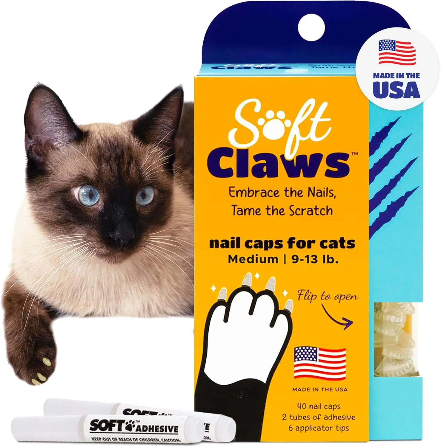 Soft Claws Cat Nail Caps for Medium Cats  (40 Caps, Clear) - Made in USA - Veterinarian-Developed | Protects Furniture & Skin - Easy to Apply, Long-Lasting Anti-Scratch Soft Cat Claw Covers
