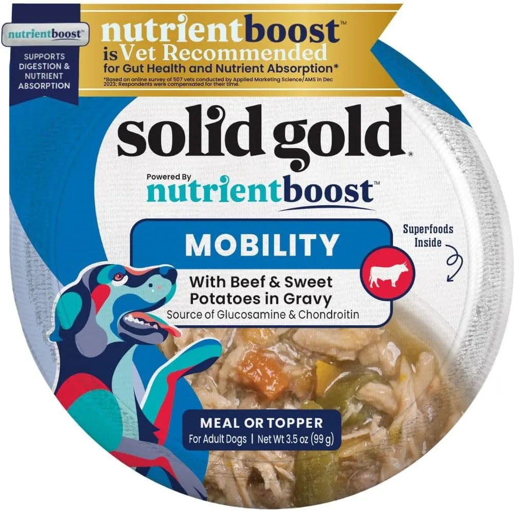 Solid Gold Wet Dog Food Topper & Meal Cups - All Ages, Puppy & Senior, Small Breed & Large Breed - Sensitive Stomach Wet Dog Food for Gut Health, Beef & Veg - 3.5oz Pack of 6