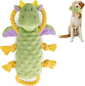 Squeaky Dog Stuffed Animals Chew Toy, Crinkle Paper Tug of War Rope Plush Dog Toy, Soft Tough Squeaker Dog Entertainment Toys for Home Alone, Fun Boredom Busters for Dogs - Dragon
