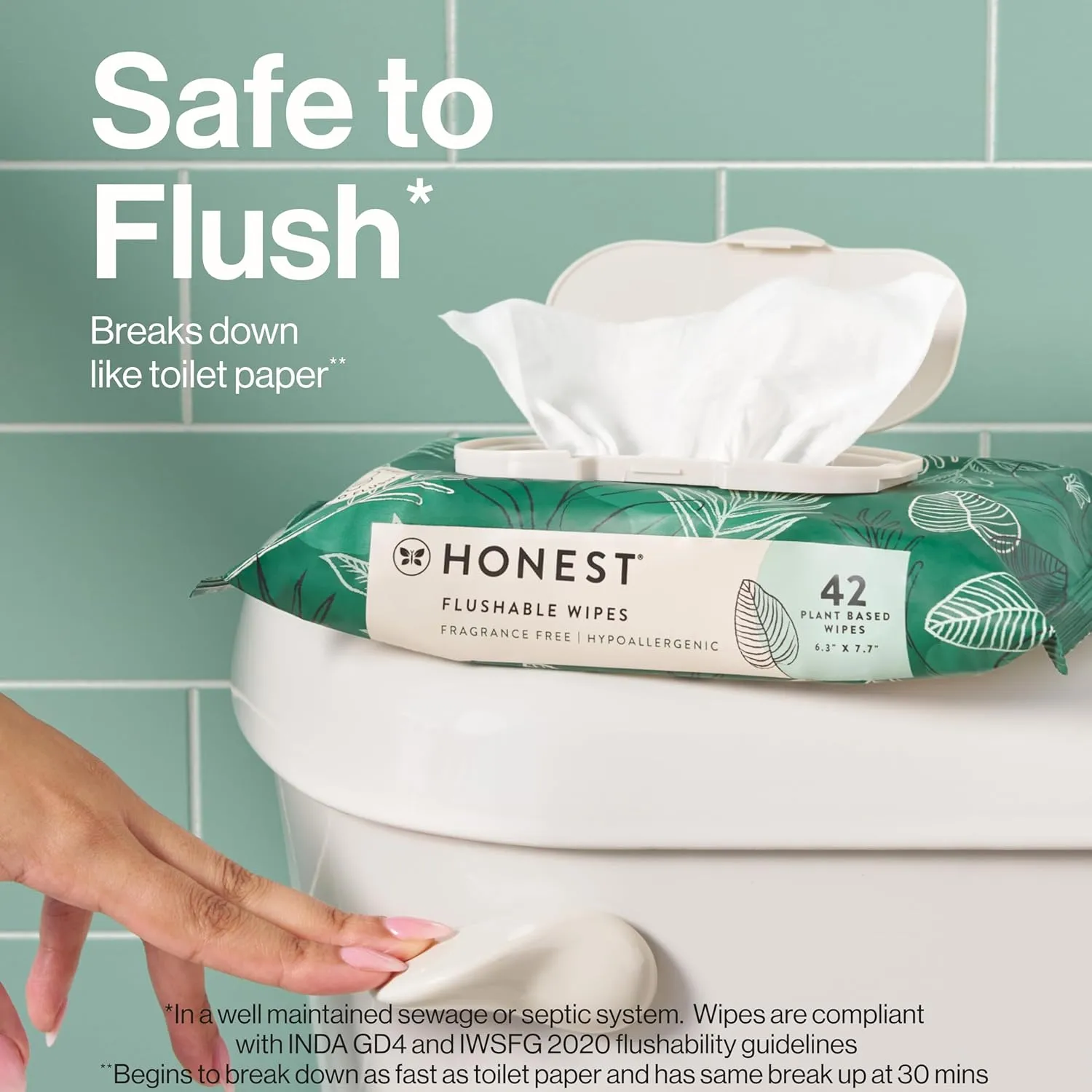 The Honest Company Flushable Wipes for Sensitive Skin | Fragrance Free, Hypoallergenic, 99% Water, Safe to Flush | pH Balanced Feminine Wipes | Tropical Leaves, 42 Count