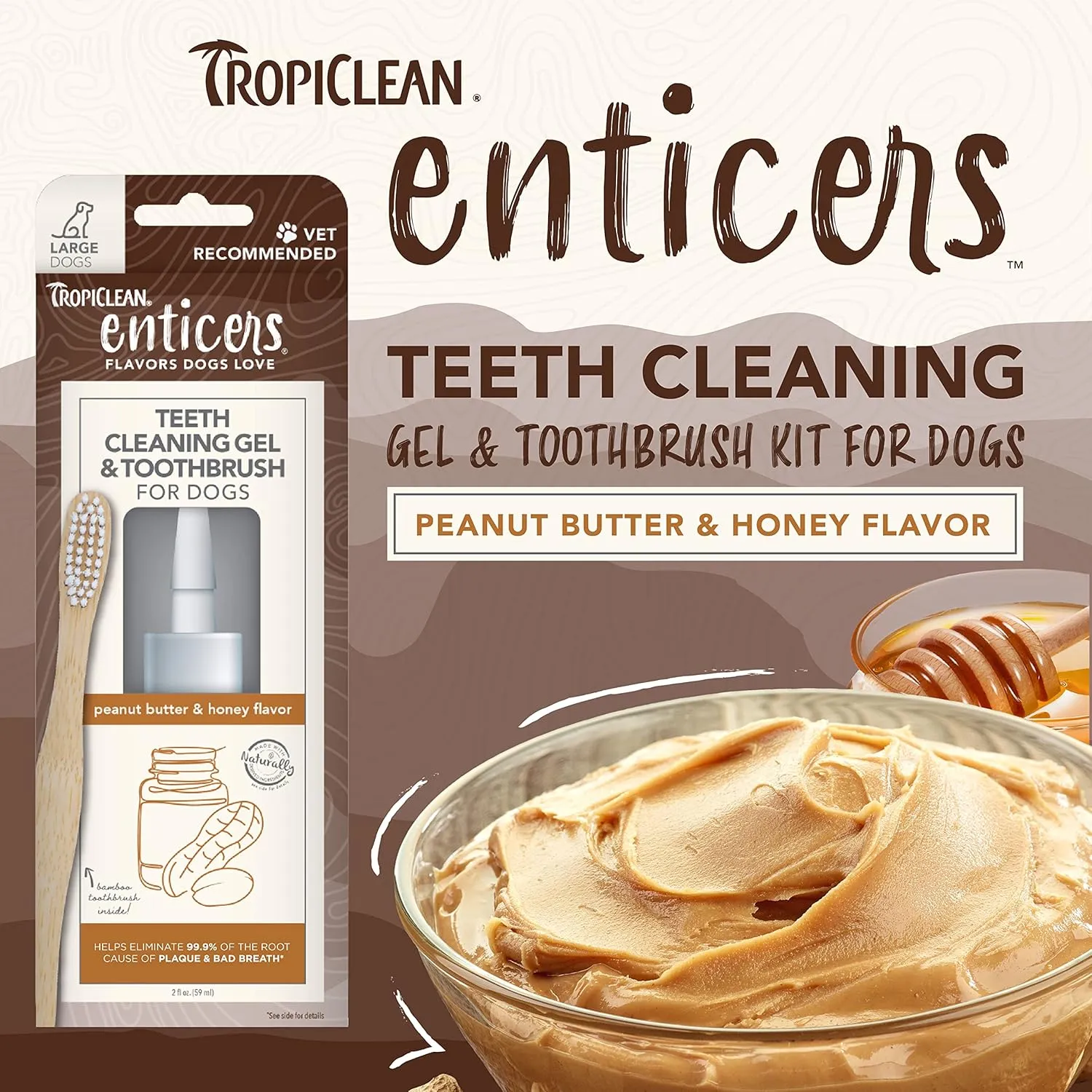 TropiClean Enticers Teeth Cleaning Gel & Toothbrush for Large Dogs | Peanut Butter & Honey Flavor | Bamboo Brush Speeds Up Plaque Removal | Gel Helps Fight Bad Breath | 2 oz