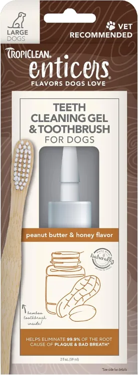 TropiClean Enticers Teeth Cleaning Gel & Toothbrush for Large Dogs | Peanut Butter & Honey Flavor | Bamboo Brush Speeds Up Plaque Removal | Gel Helps Fight Bad Breath | 2 oz