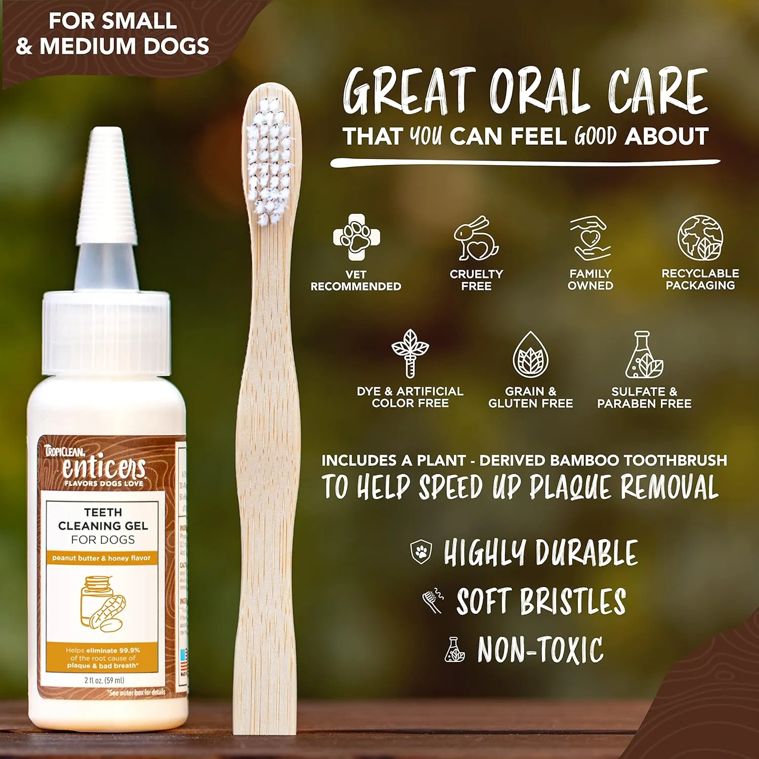 TropiClean Enticers Teeth Cleaning Gel & Toothbrush for S/M Dogs | Peanut Butter & Honey | Bamboo Brush Speeds Up Plaque Removal | Gell Helps Fight Bad Breath | 2 oz