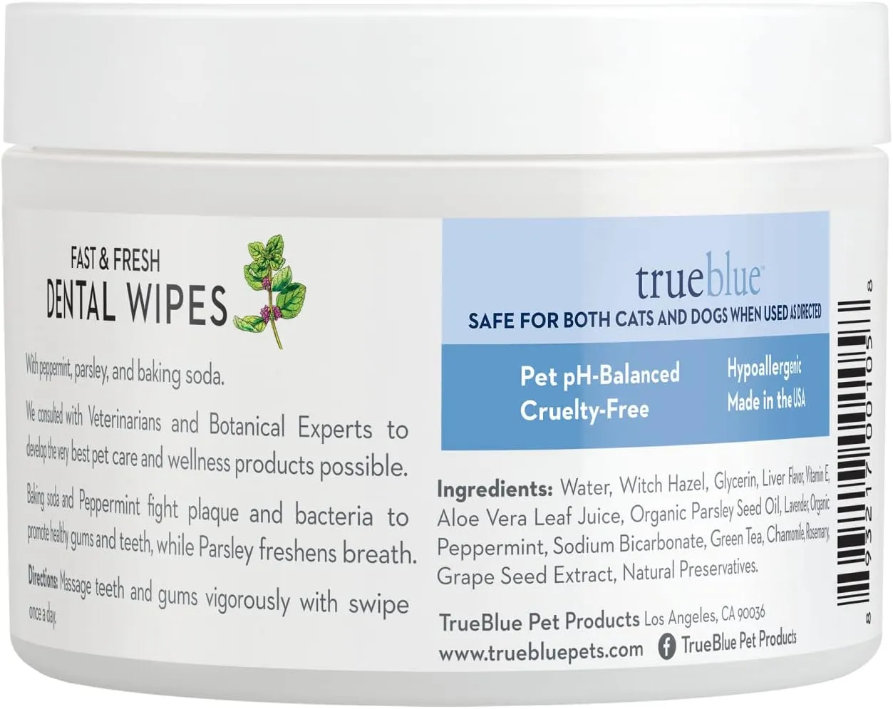 TrueBlue Parsley & Peppermint Fast and Fresh Dog Dental Wipes  Pre-Moistened Teeth Cleaning Pads - Non-Toxic, All-Natural Tooth Cleansing 50 Count