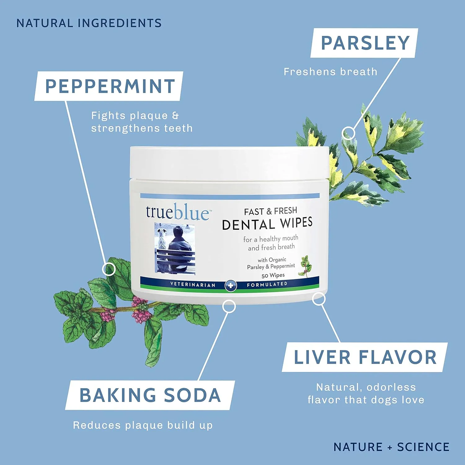 TrueBlue Parsley & Peppermint Fast and Fresh Dog Dental Wipes  Pre-Moistened Teeth Cleaning Pads - Non-Toxic, All-Natural Tooth Cleansing 50 Count