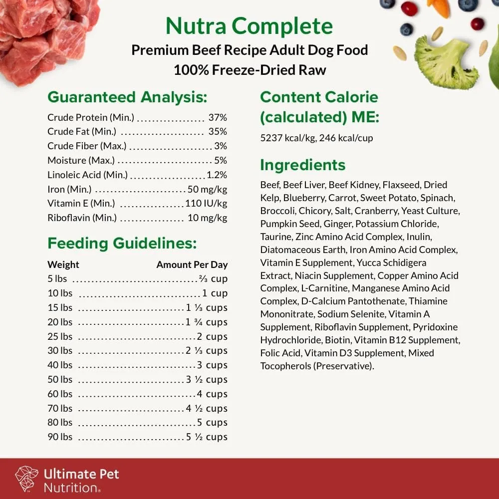 ULTIMATE PET NUTRITION Nutra Complete Freeze Dried Raw Dog Food, Veterinarian Formulated with Antioxidants, Prebiotics & Amino Acids (5 Ounce, Beef)