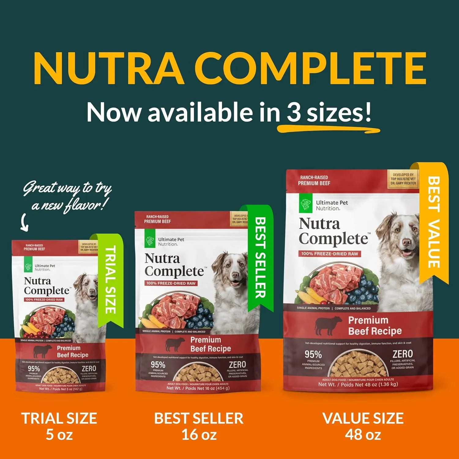 ULTIMATE PET NUTRITION Nutra Complete Freeze Dried Raw Dog Food, Veterinarian Formulated with Antioxidants, Prebiotics & Amino Acids (5 Ounce, Beef)