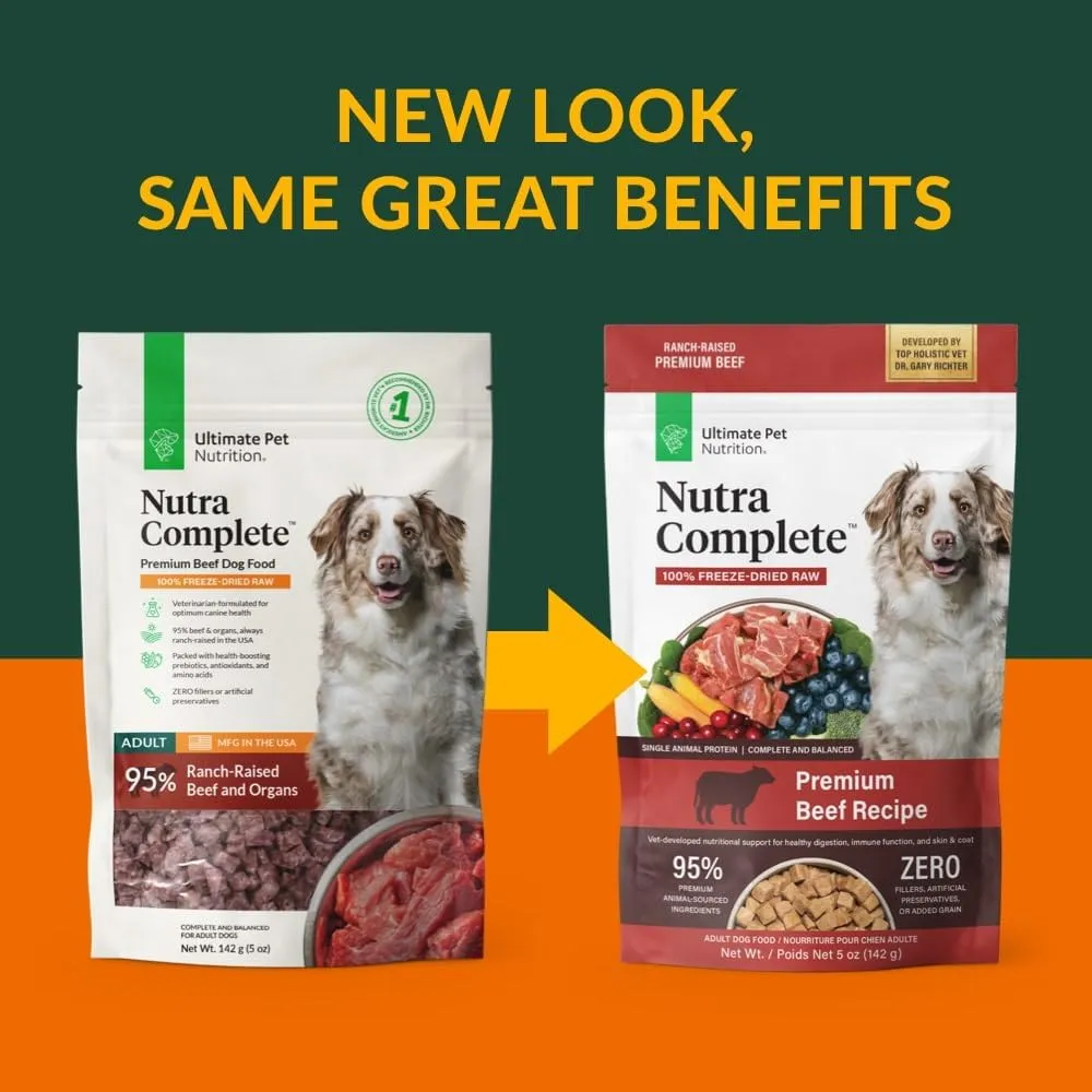 ULTIMATE PET NUTRITION Nutra Complete Freeze Dried Raw Dog Food, Veterinarian Formulated with Antioxidants, Prebiotics & Amino Acids (5 Ounce, Beef)