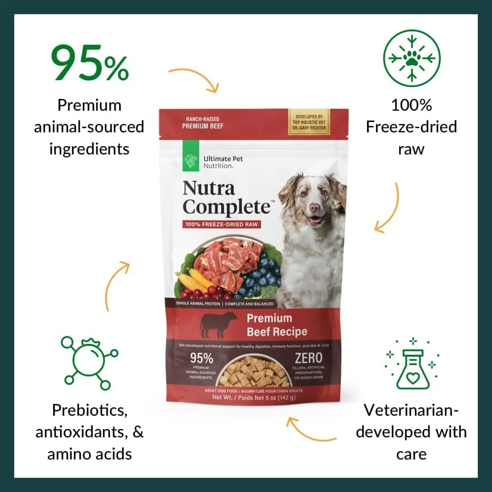 ULTIMATE PET NUTRITION Nutra Complete Freeze Dried Raw Dog Food, Veterinarian Formulated with Antioxidants, Prebiotics & Amino Acids (5 Ounce, Beef)