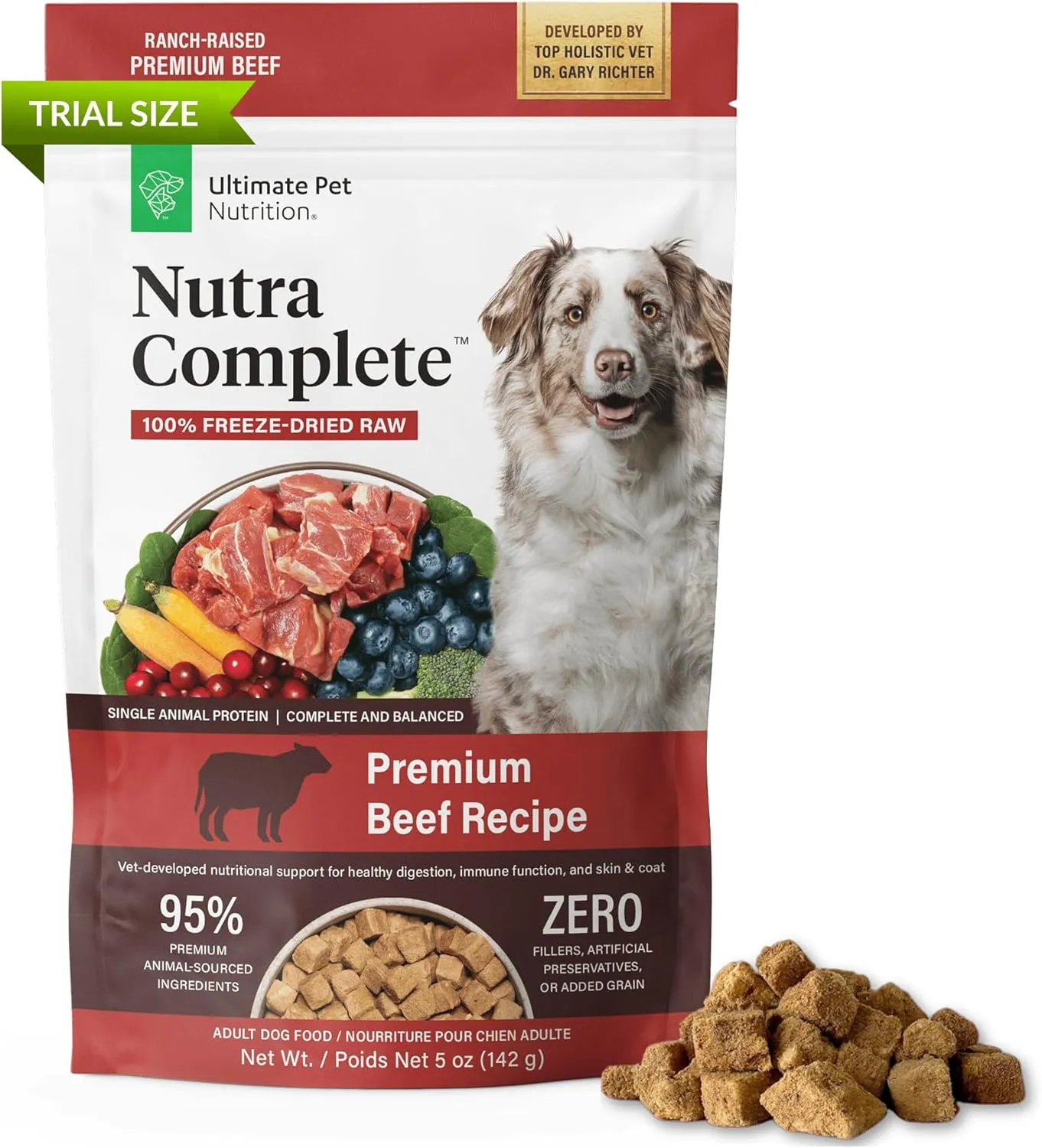 ULTIMATE PET NUTRITION Nutra Complete Freeze Dried Raw Dog Food, Veterinarian Formulated with Antioxidants, Prebiotics & Amino Acids (5 Ounce, Beef)