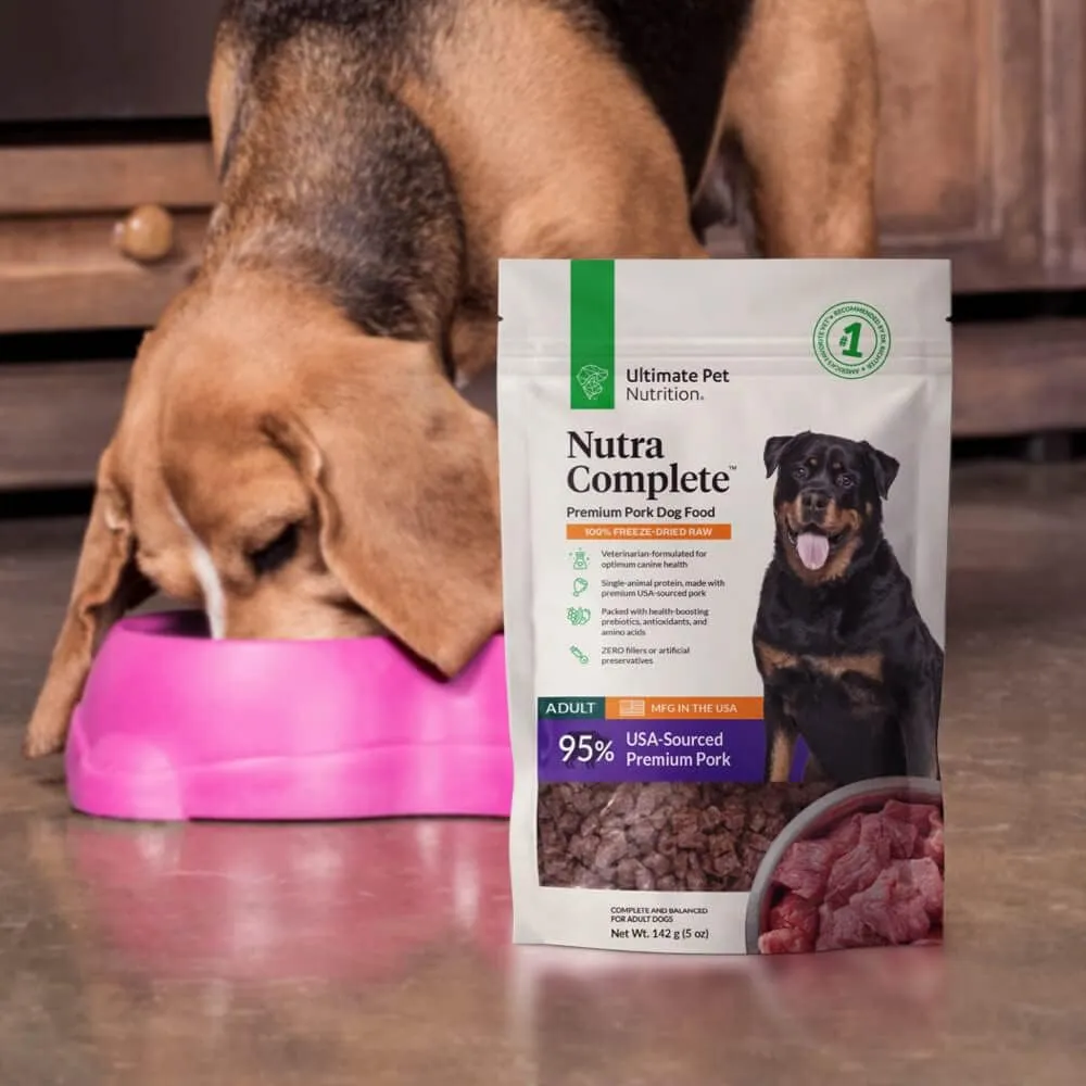 ULTIMATE PET NUTRITION Nutra Complete Freeze Dried Raw Dog Food, Veterinarian Formulated with Antioxidants, Prebiotics & Amino Acids (5 Ounce, Pork)