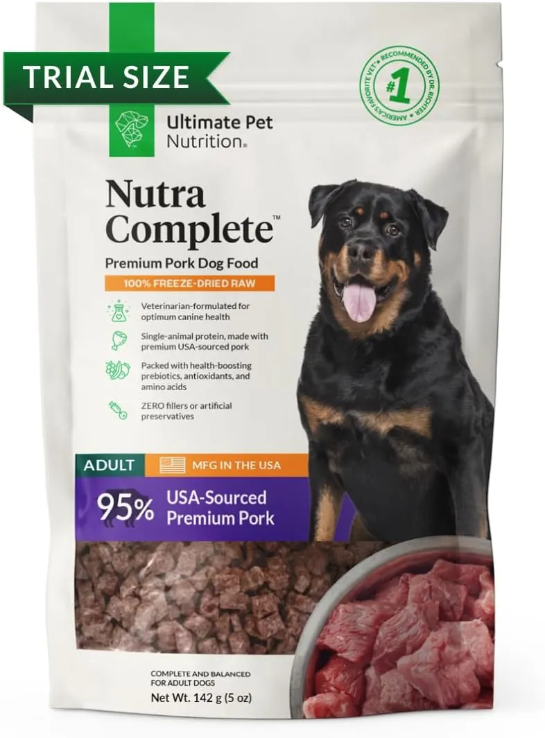 ULTIMATE PET NUTRITION Nutra Complete Freeze Dried Raw Dog Food, Veterinarian Formulated with Antioxidants, Prebiotics & Amino Acids (5 Ounce, Pork)