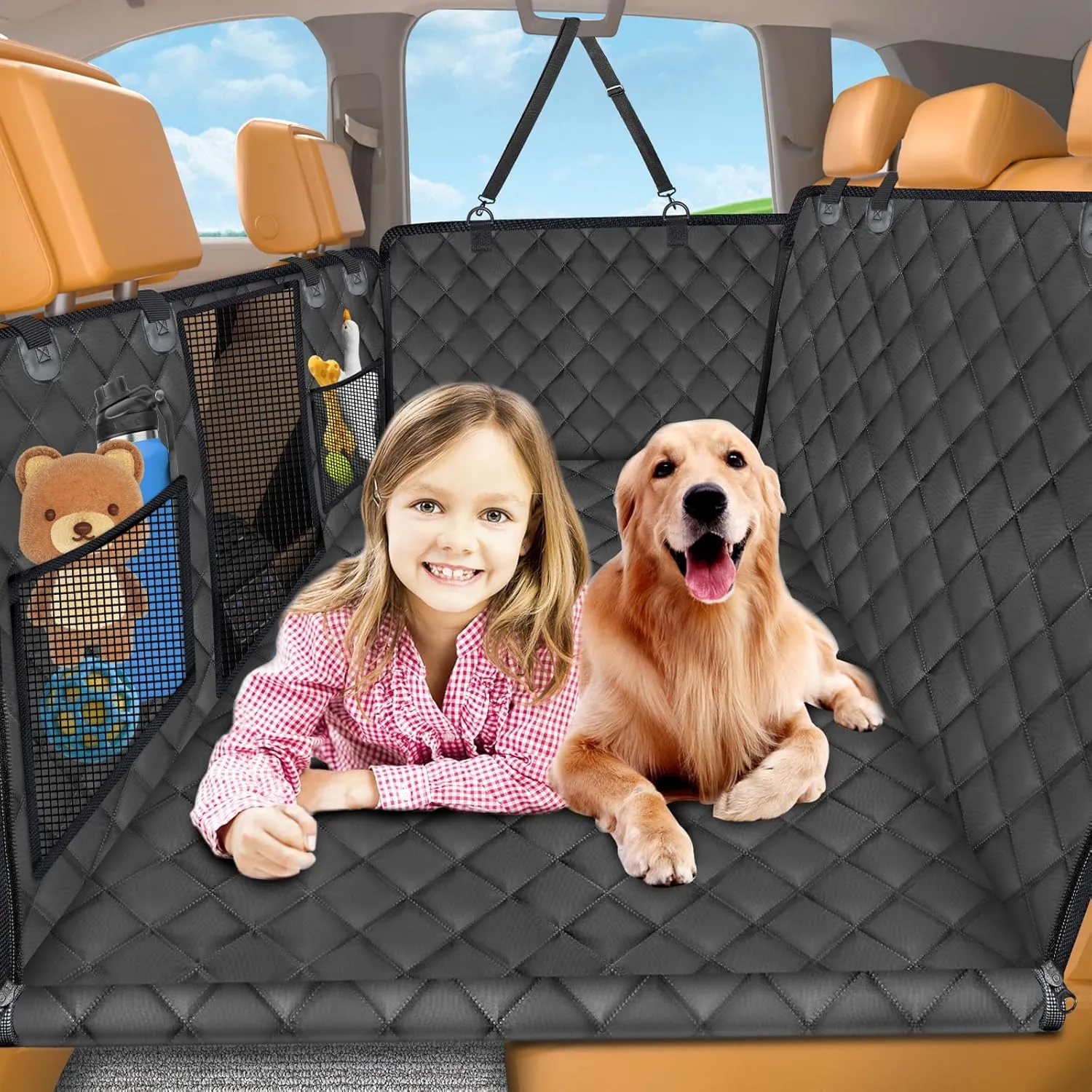 URPOWER Back Seat Extender for Dogs - Hard Bottom Dog Car Seat Cover Holds 420 lbs, Waterproof Dog Hammock Dogs Bed for Cars, SUVs & Small Trucks, Pet Backseat Protector with Mesh Window & Large Space