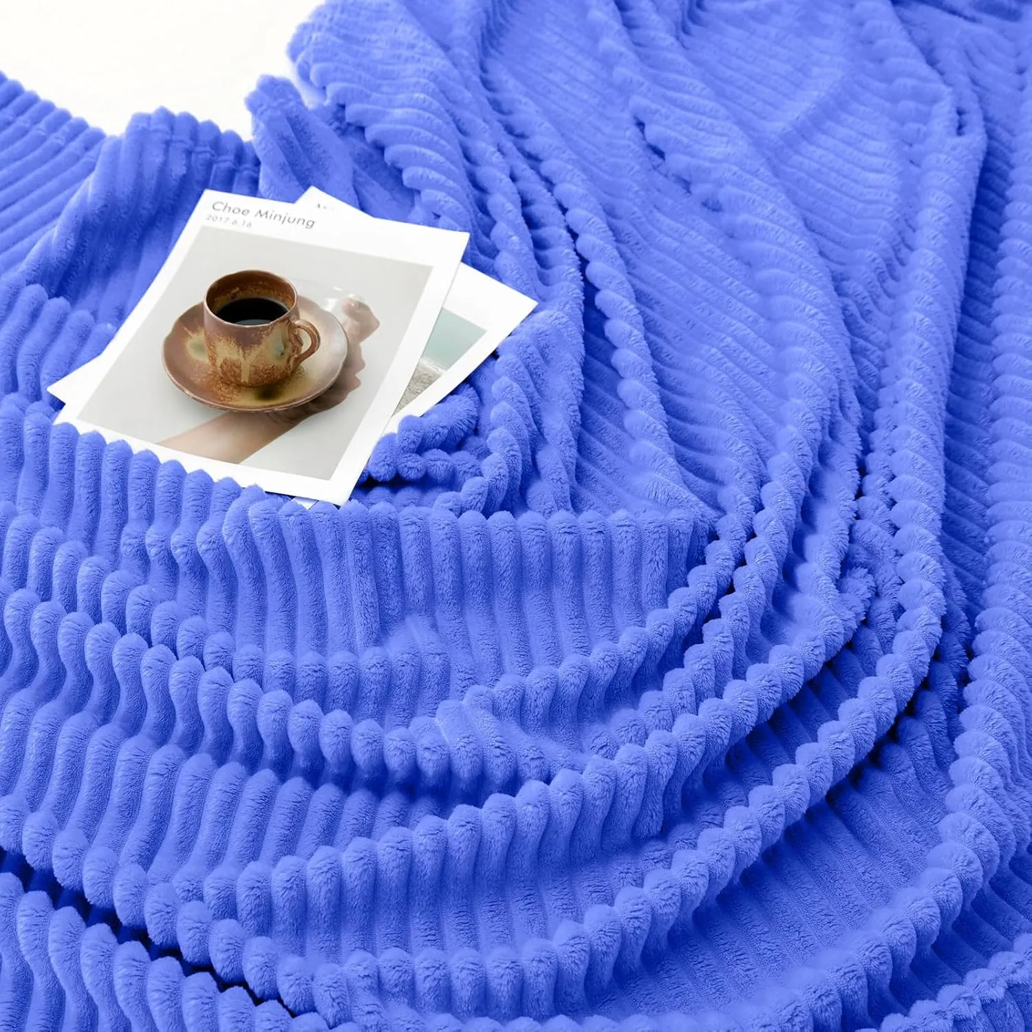 Vessia Flannel Fleece Throw Blanket for Couch,Sofa,Bed, 300GSM Striped Blue Blanket for Adults and Kids, Super Soft Warm Cozy Lightweight Ribbed Throw for All-Season