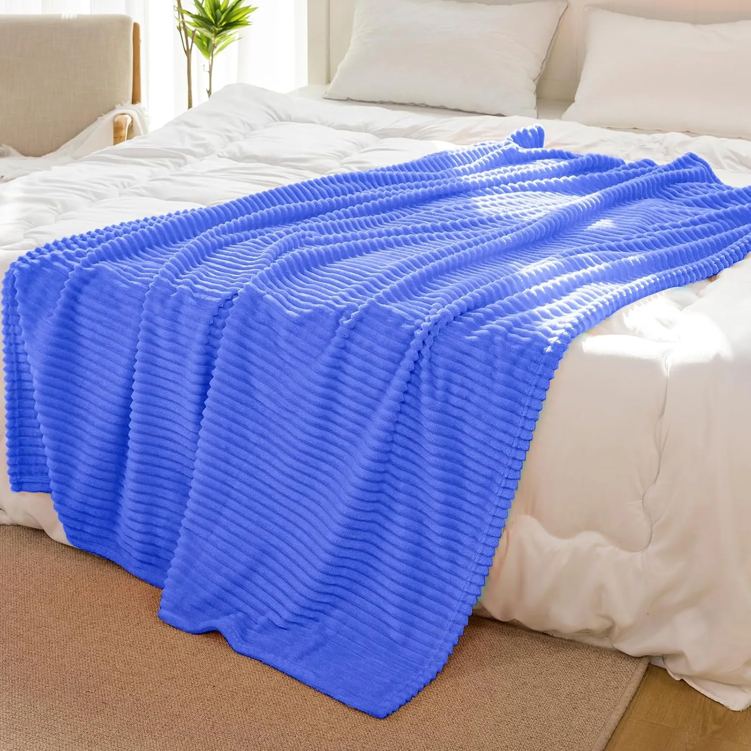 Vessia Flannel Fleece Throw Blanket for Couch,Sofa,Bed, 300GSM Striped Blue Blanket for Adults and Kids, Super Soft Warm Cozy Lightweight Ribbed Throw for All-Season