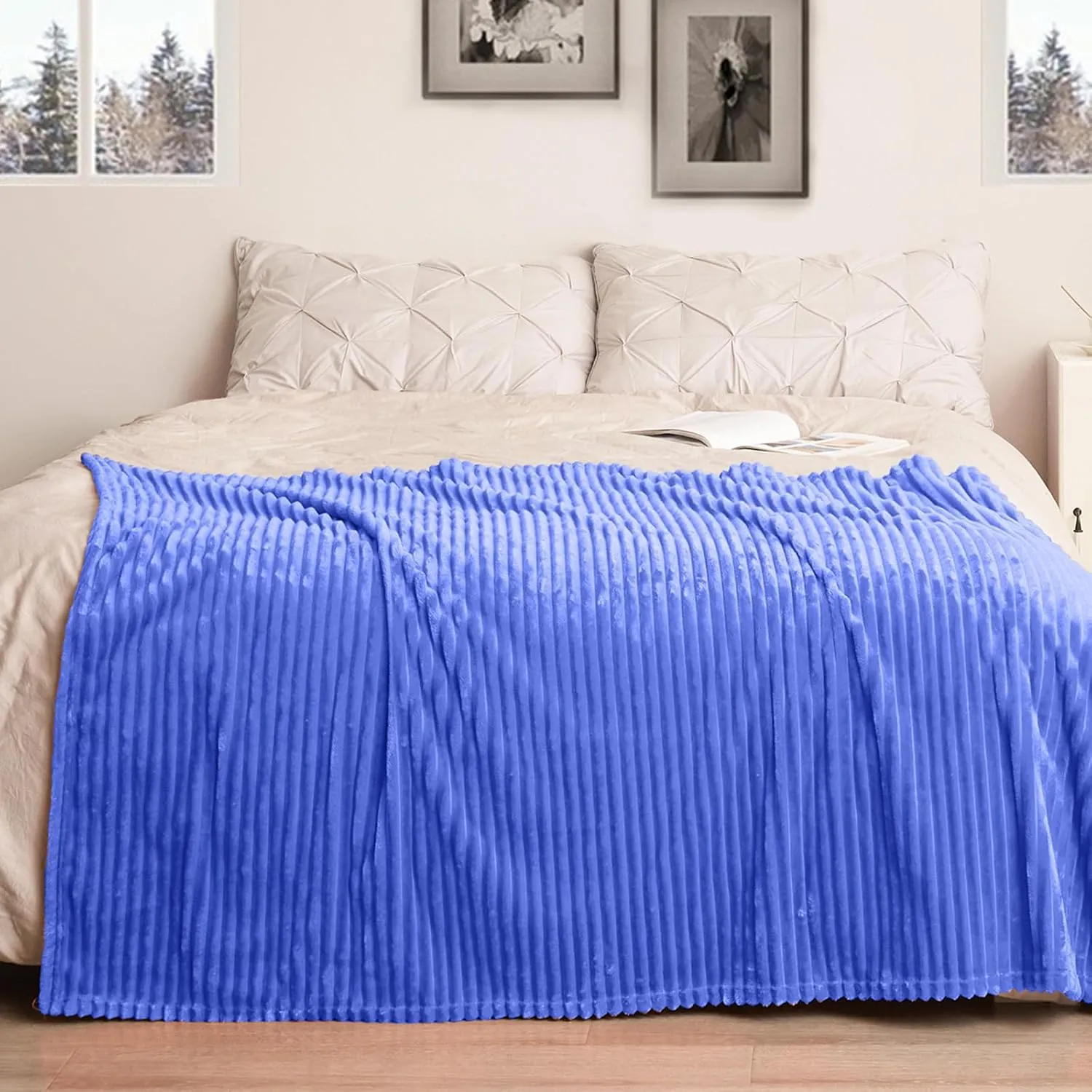Vessia Flannel Fleece Throw Blanket for Couch,Sofa,Bed, 300GSM Striped Blue Blanket for Adults and Kids, Super Soft Warm Cozy Lightweight Ribbed Throw for All-Season