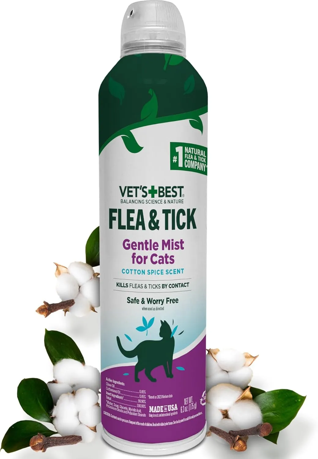 Vet's Best Flea and Tick Gentle Mist for Cats  Cotton Spice Scent  Plant-Powered Flea and Tick Prevention  Pest Protection for Pets  Gentle Spray  6.3oz