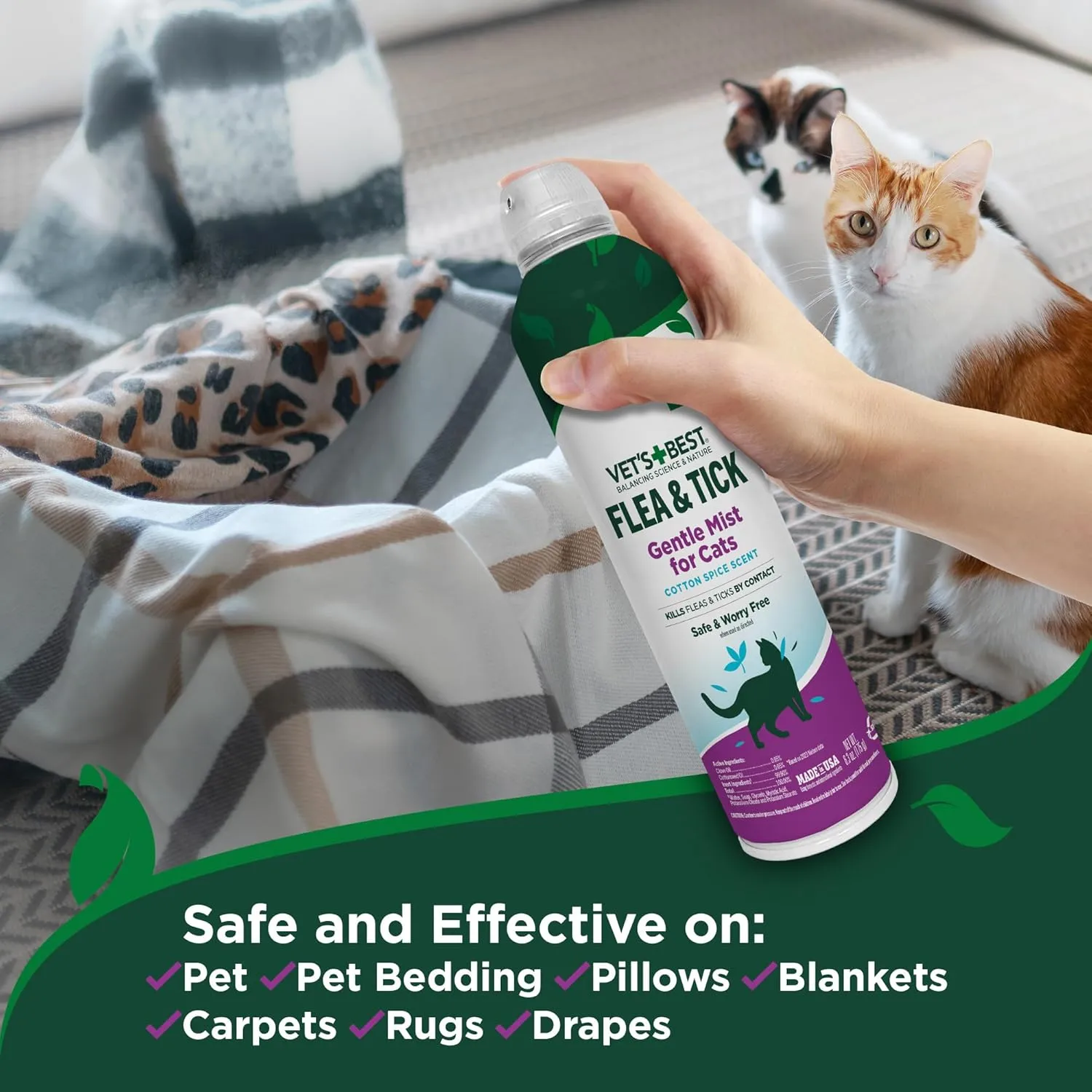 Vet's Best Flea and Tick Gentle Mist for Cats  Cotton Spice Scent  Plant-Powered Flea and Tick Prevention  Pest Protection for Pets  Gentle Spray  6.3oz