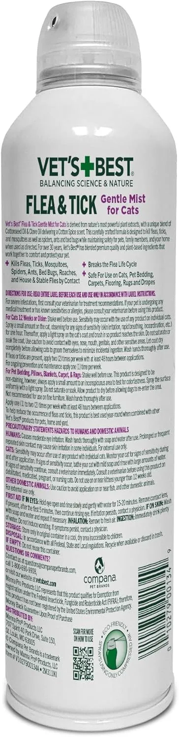 Vet's Best Flea and Tick Gentle Mist for Cats  Cotton Spice Scent  Plant-Powered Flea and Tick Prevention  Pest Protection for Pets  Gentle Spray  6.3oz