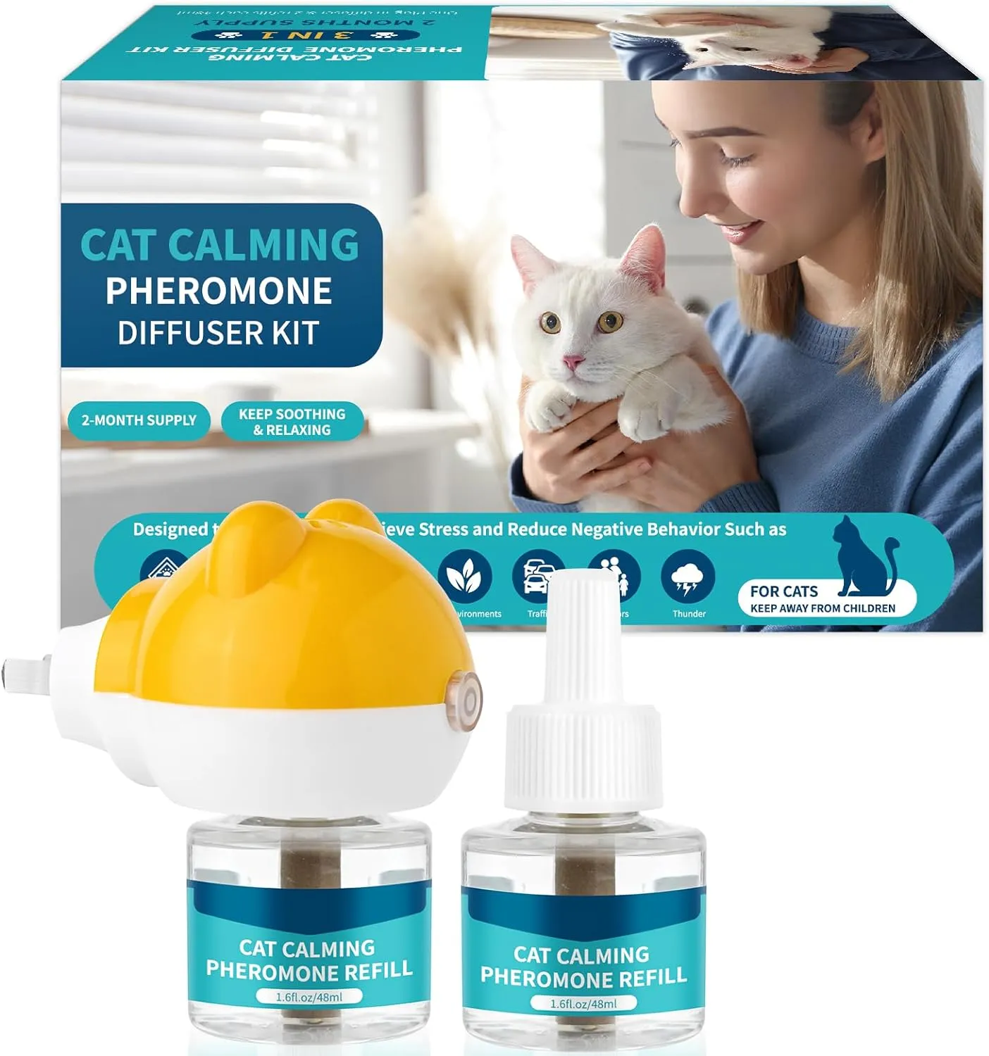 VICSOM Cat Calming Diffuser Kit, Cat Pheromones Calming Diffuser for Cat, 3-in-1 Cat Calm Plug in Kit with 1 Diffuser   2 Refill, 60 Days Anti Anxiety Relief Stress Effect