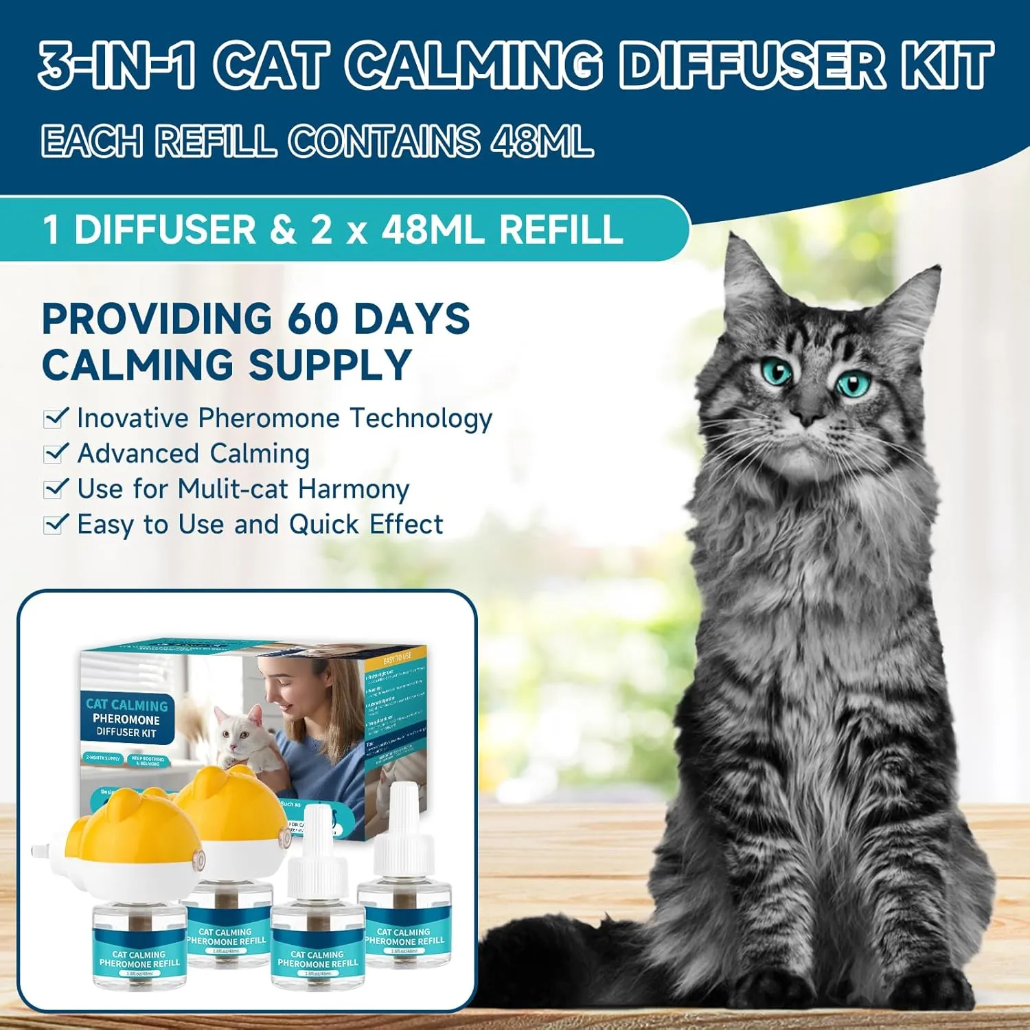 VICSOM Cat Calming Diffuser Kit, Cat Pheromones Calming Diffuser for Cat, 3-in-1 Cat Calm Plug in Kit with 1 Diffuser   2 Refill, 60 Days Anti Anxiety Relief Stress Effect