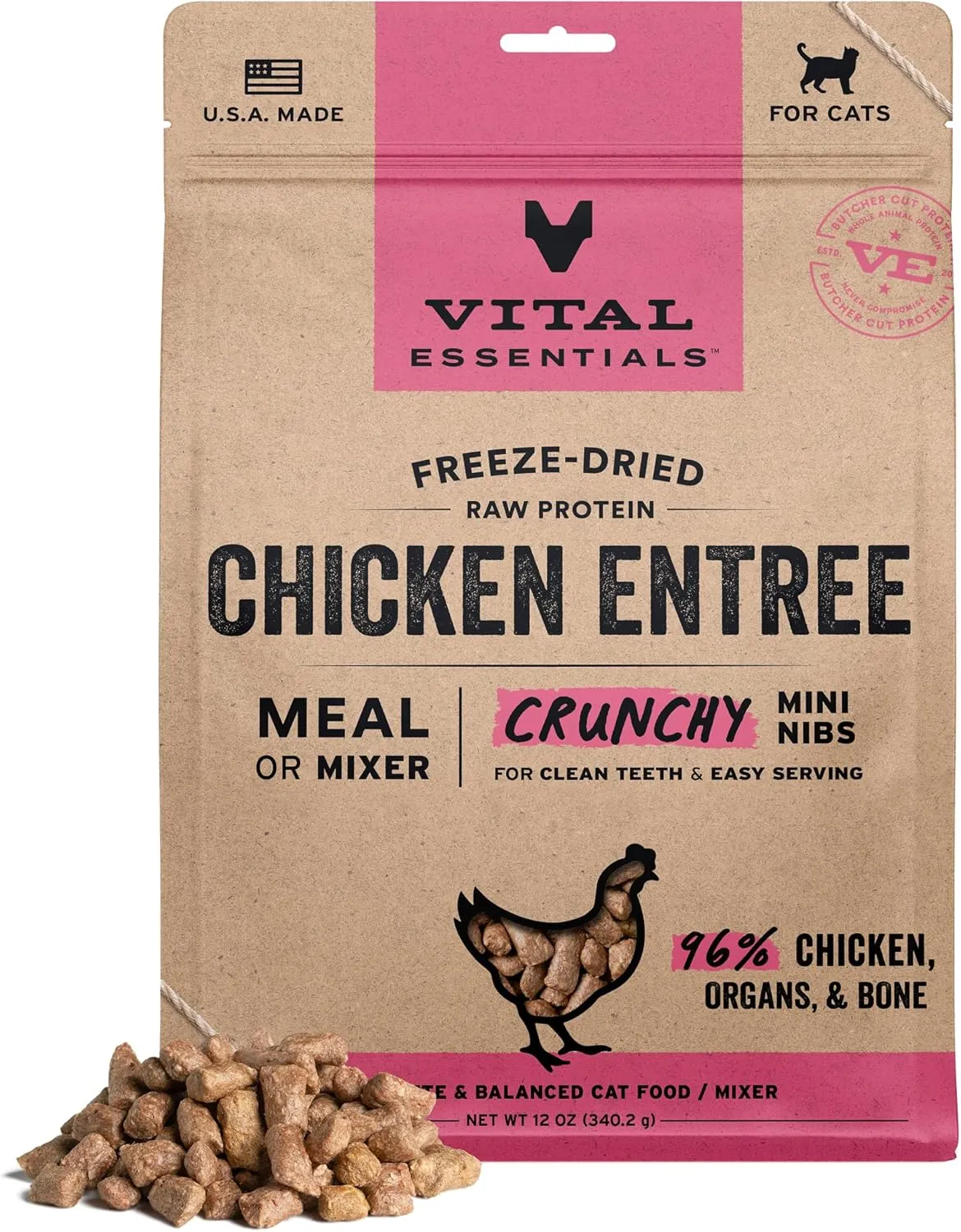 Vital Essentials Freeze-Dried Raw Chicken Entree & Mixer Cat Food Crunchy Nibs, 12 oz