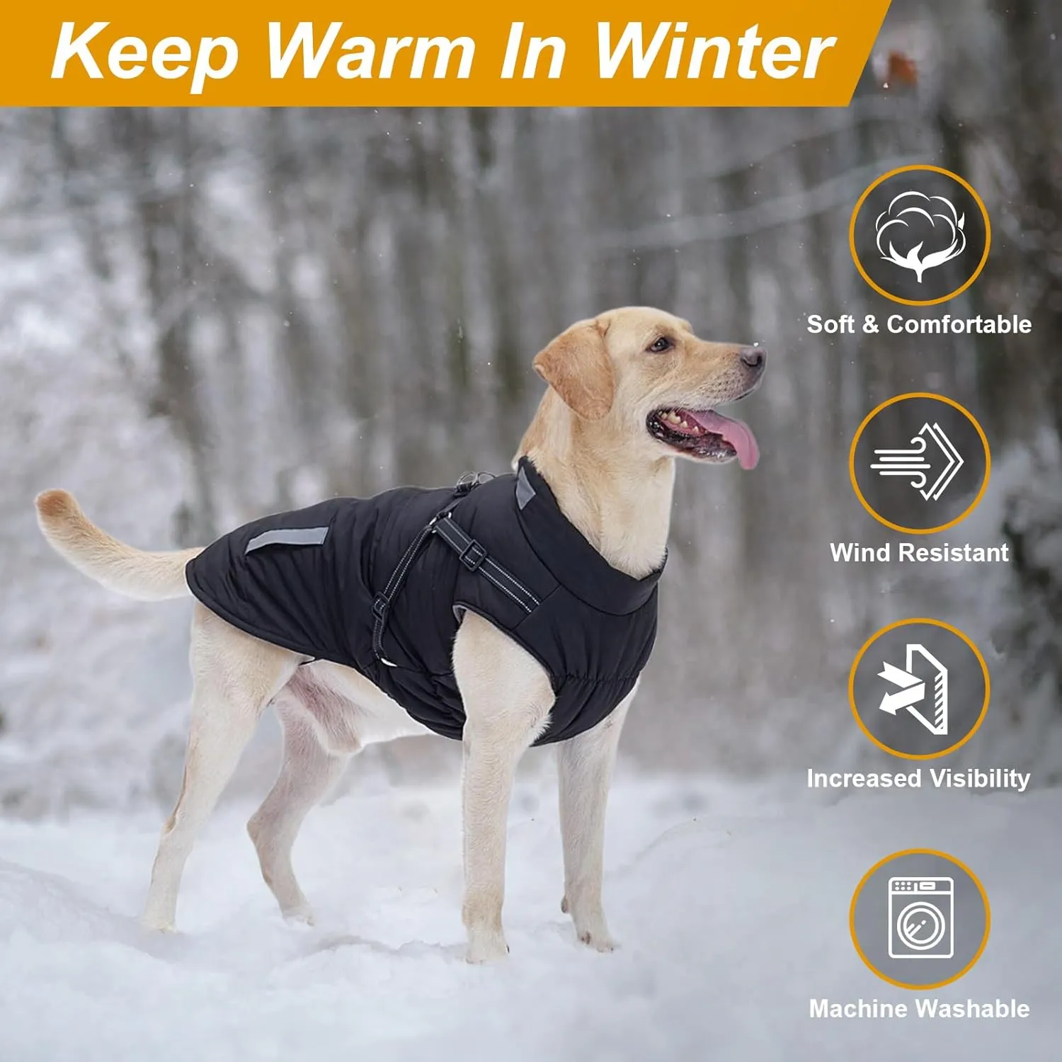 Warm Dog Jacket - Fleece Coat with Built-in Harness, Waterproof Vest, Reflective Stripes, Black, Sizes S, M, L