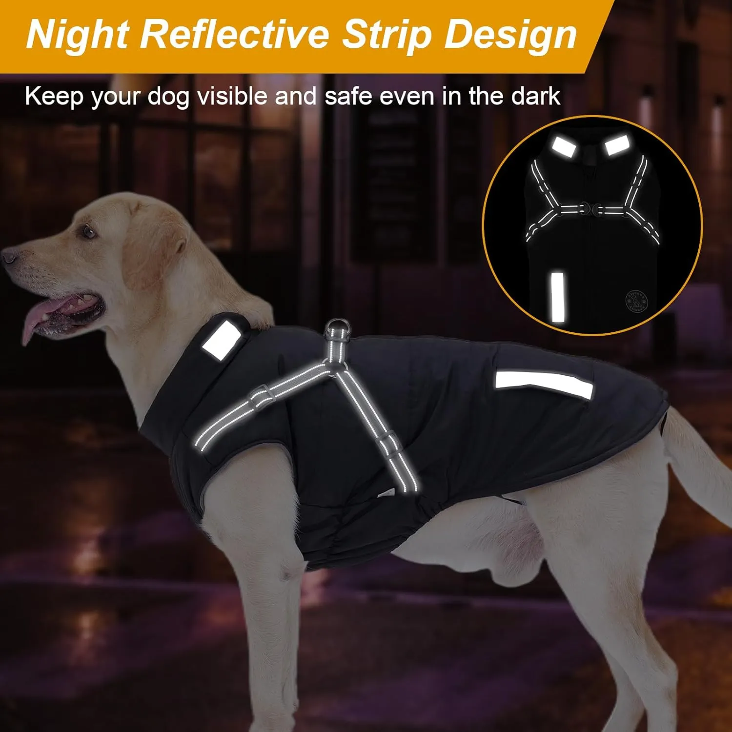 Warm Dog Jacket - Fleece Coat with Built-in Harness, Waterproof Vest, Reflective Stripes, Black, Sizes S, M, L