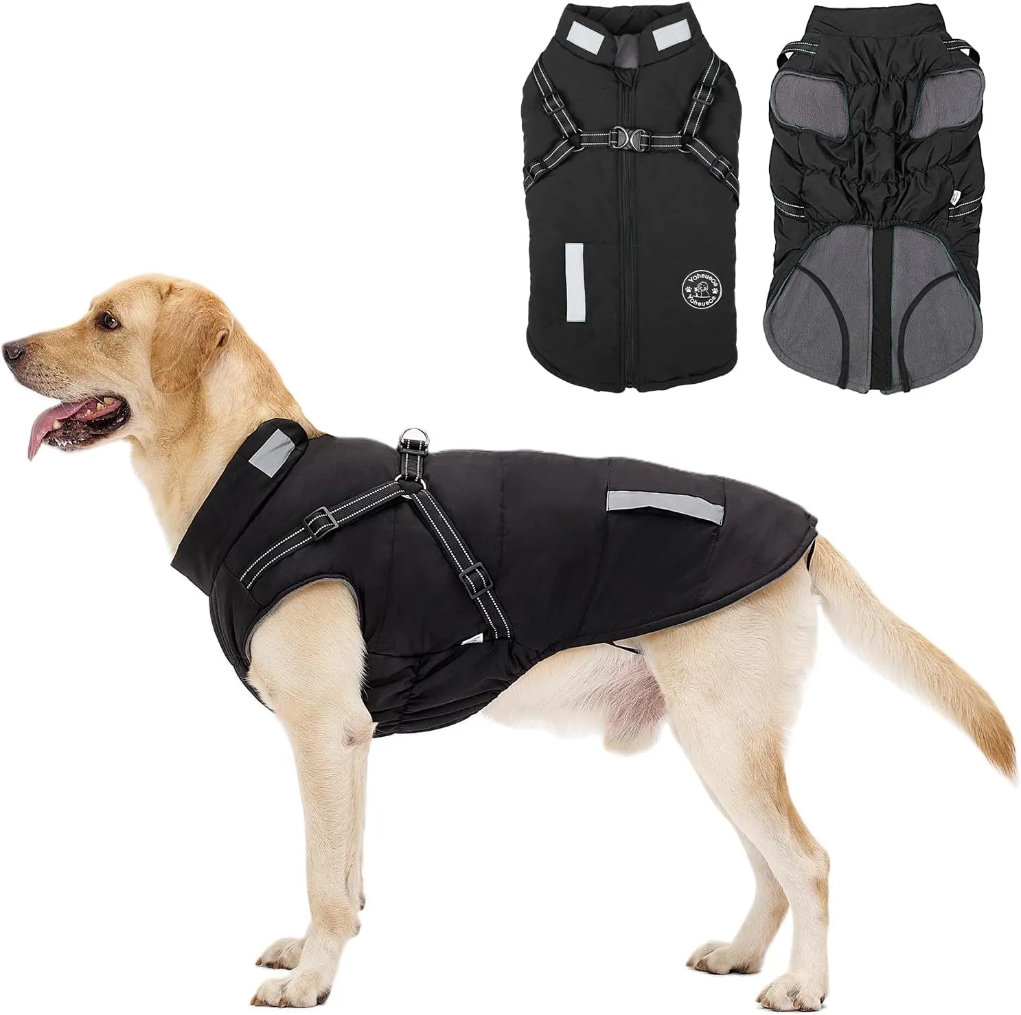 Warm Dog Jacket - Fleece Coat with Built-in Harness, Waterproof Vest, Reflective Stripes, Black, Sizes S, M, L