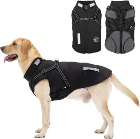 Warm Dog Jacket - Fleece Coat with Built-in Harness, Waterproof Vest, Reflective Stripes, Black, Sizes S, M, L