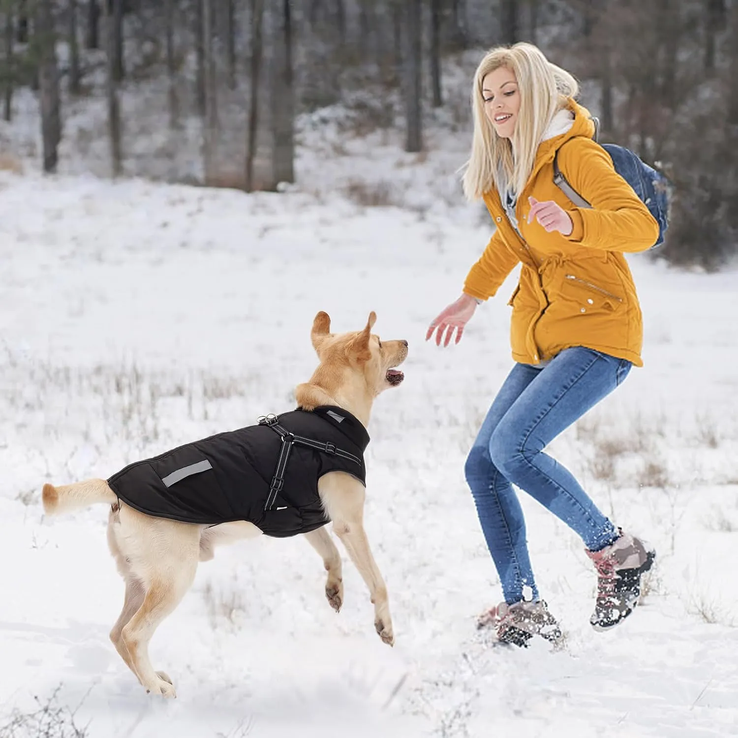 Warm Dog Jacket - Fleece Coat with Built-in Harness, Waterproof Vest, Reflective Stripes, Black, Sizes S, M, L