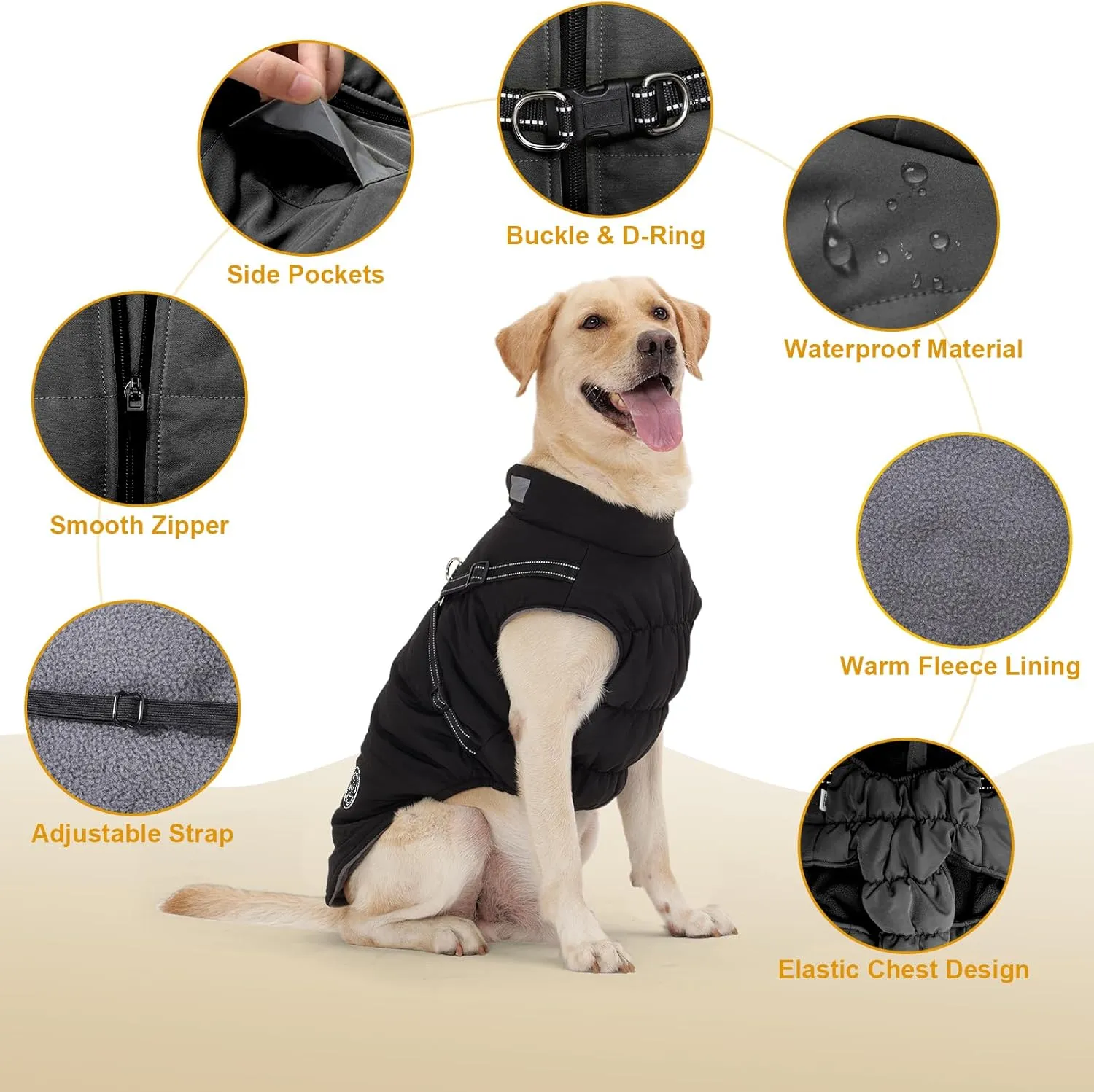 Warm Dog Jacket - Fleece Coat with Built-in Harness, Waterproof Vest, Reflective Stripes, Black, Sizes S, M, L