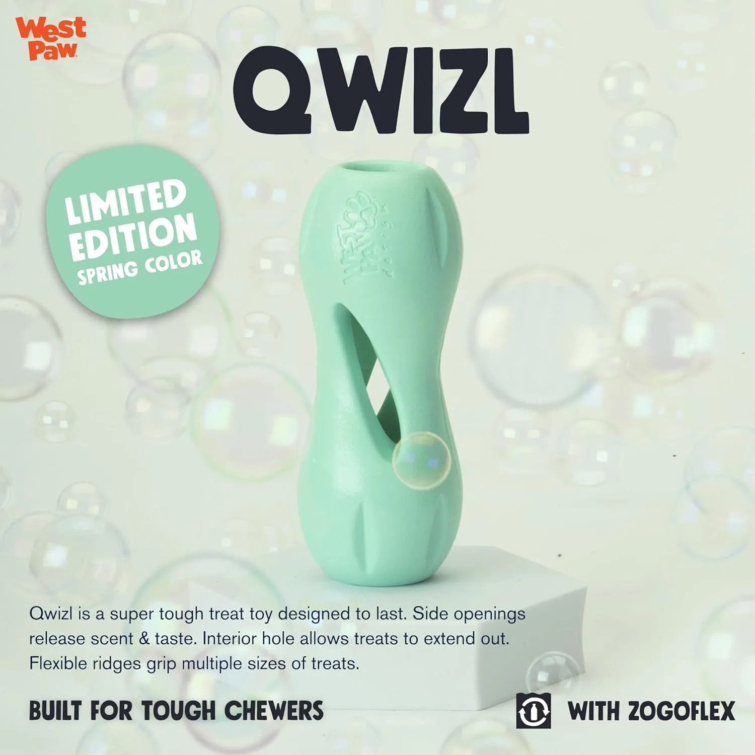 WEST PAW Zogoflex Qwizl Dog Puzzle Treat Toy  Interactive Chewing for Dogs  Dispenses Pet Treats  Brightly-Colored Dog Enrichment Toy for Aggressive Chewers, Fetch, Catch, Large 6.5", Mint